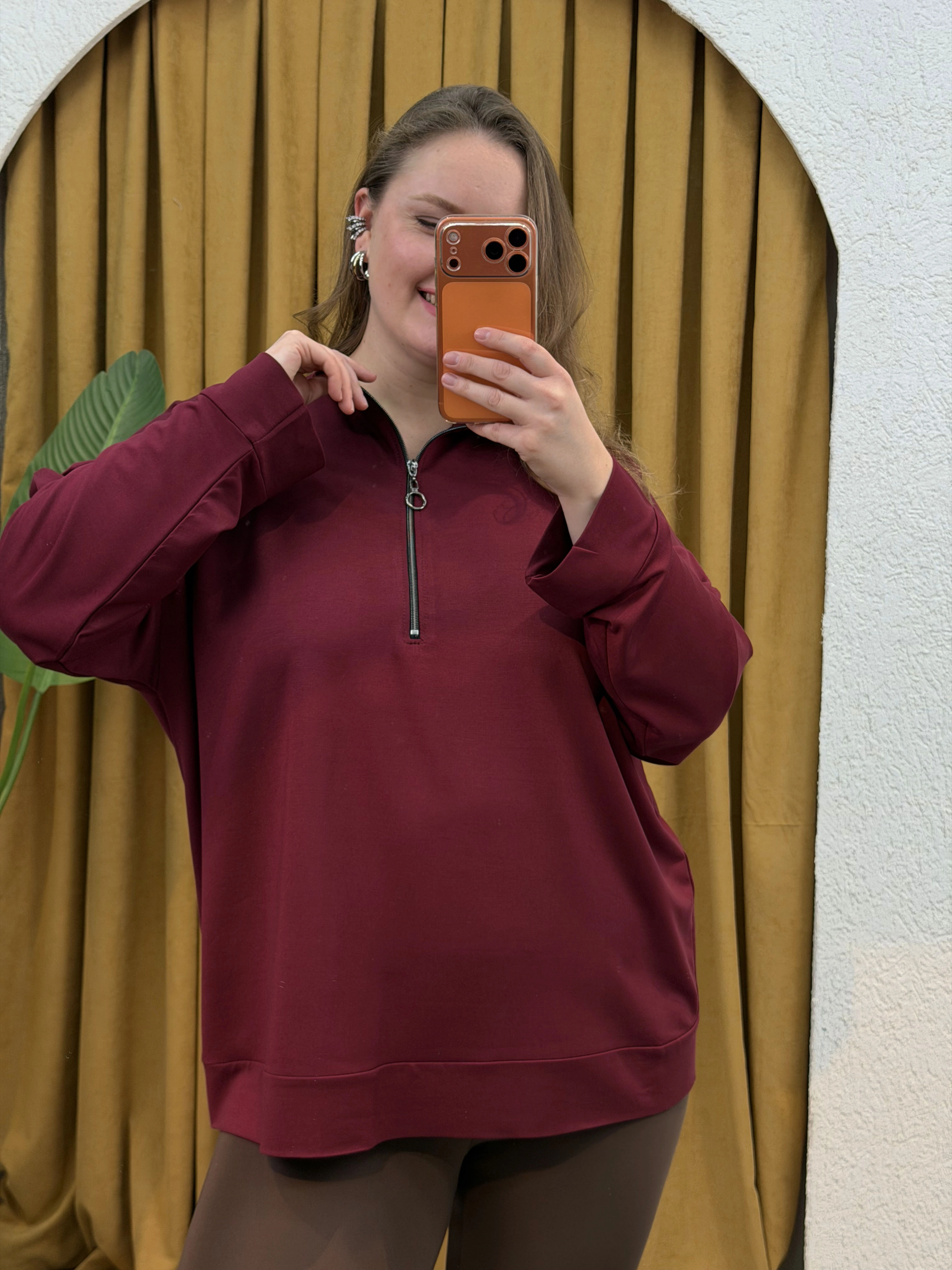 Fermuarlı Dik Yaka Modal Karışımlı Bluz - Bordo