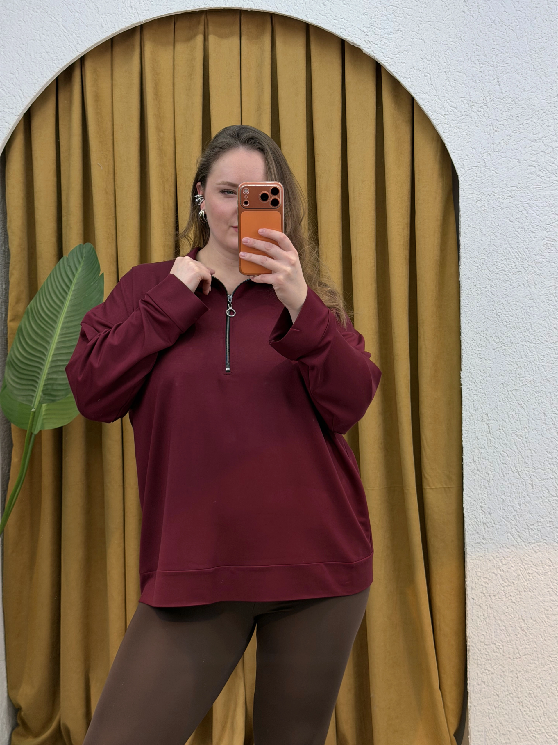 Fermuarlı Dik Yaka Modal Karışımlı Bluz - Bordo