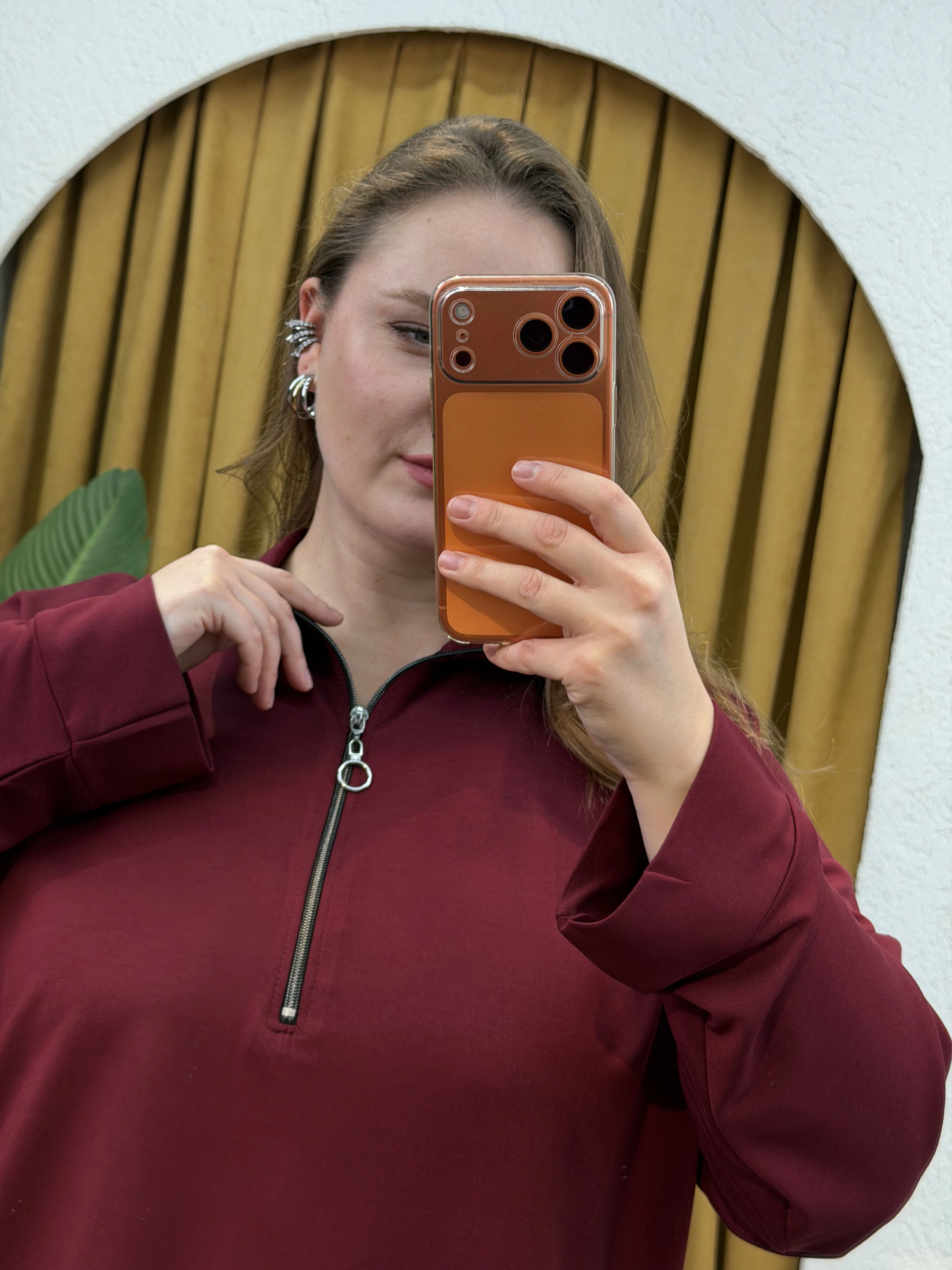 Fermuarlı Dik Yaka Modal Karışımlı Bluz - Bordo