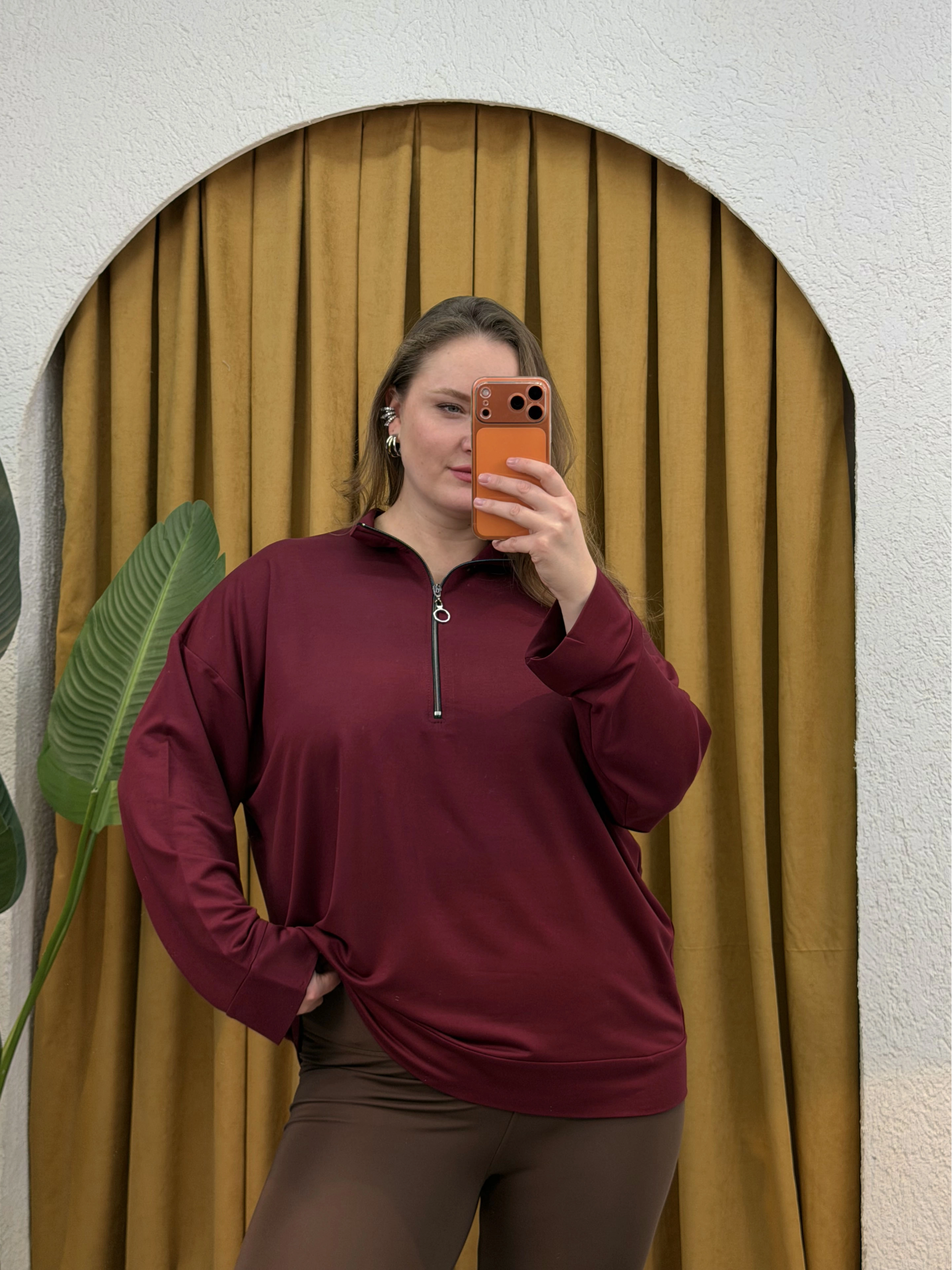 Fermuarlı Dik Yaka Modal Karışımlı Bluz - Bordo