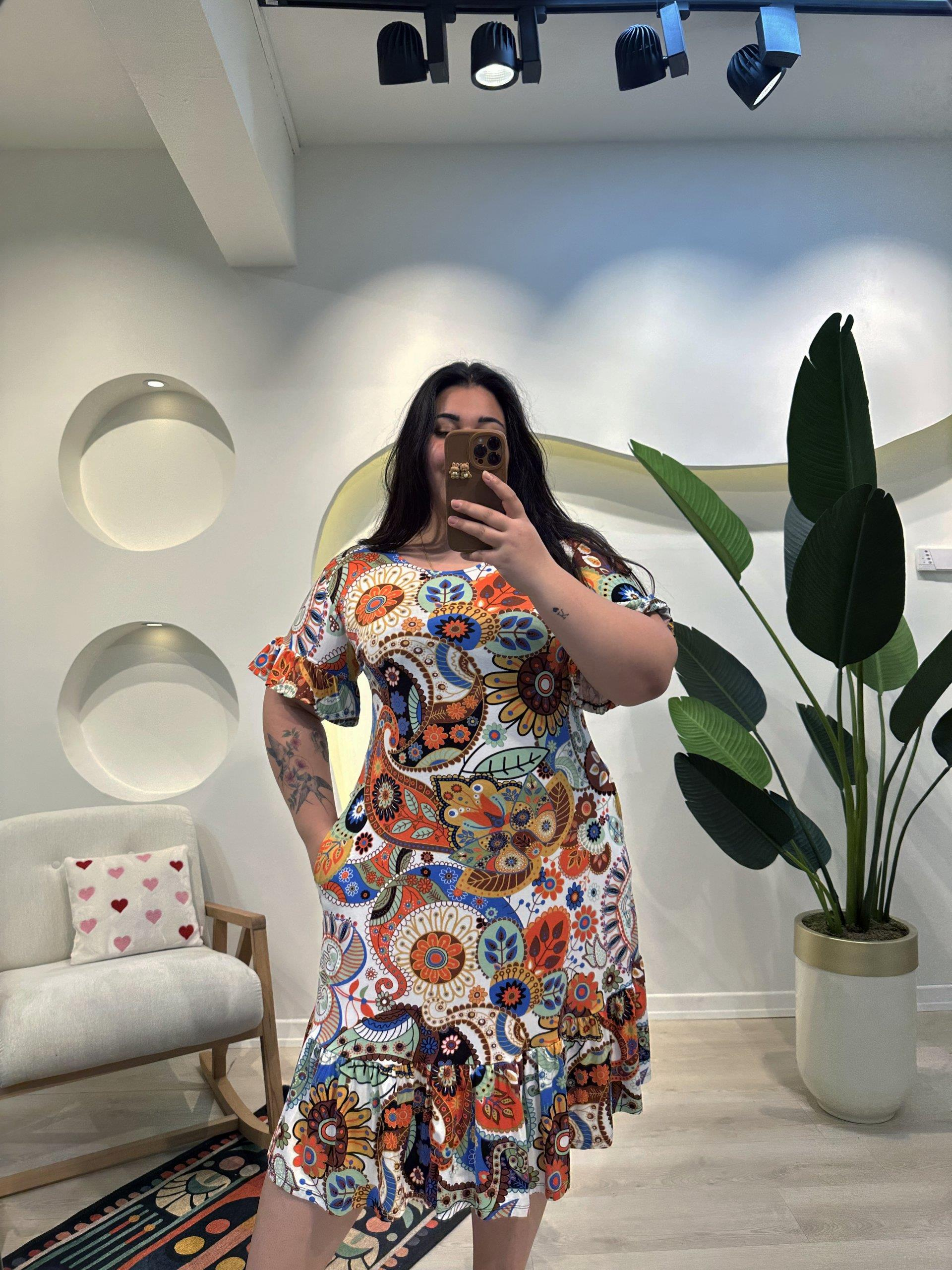 Fırfırlı Esnek Penye Elbise - Şal Desen