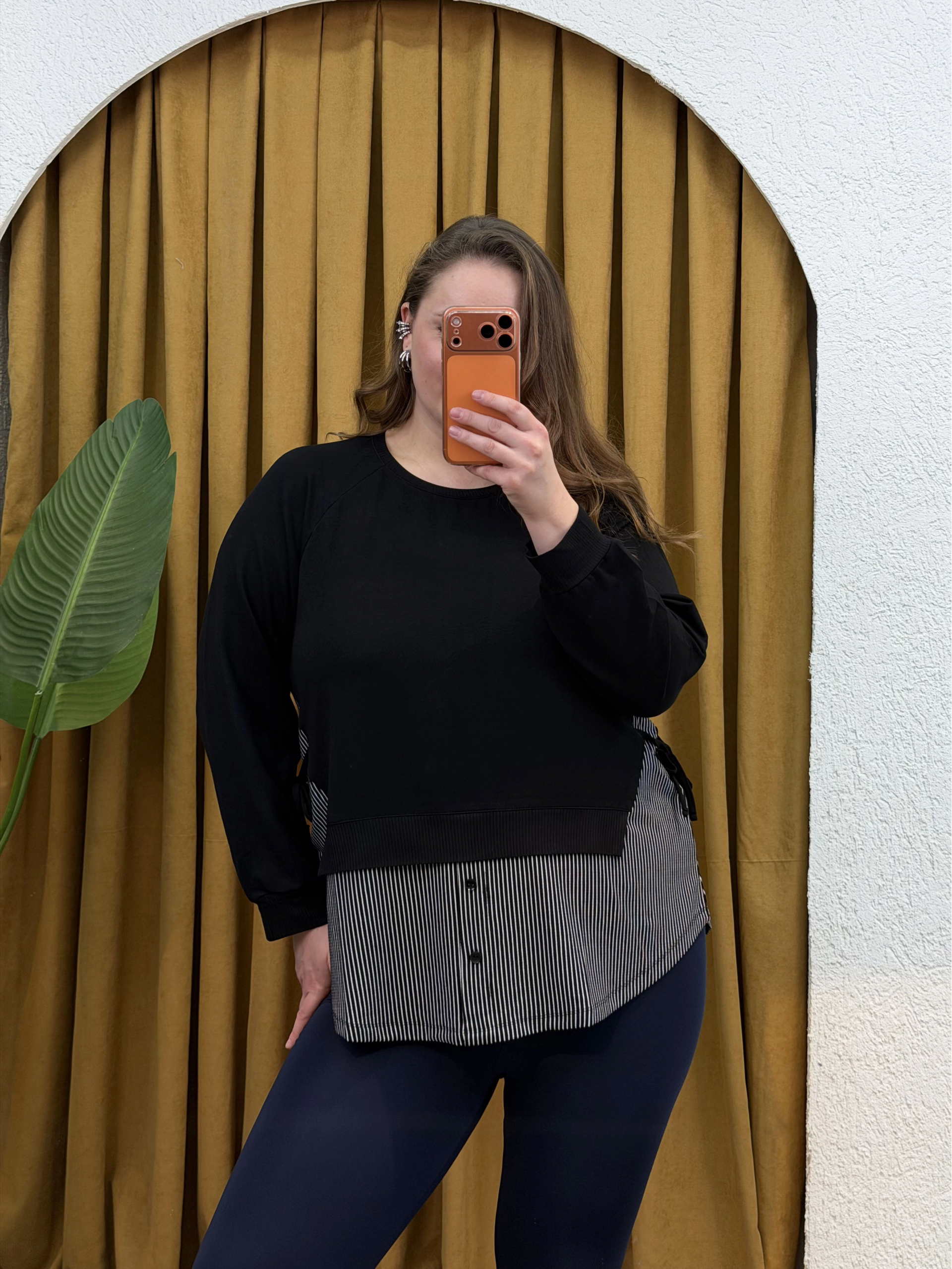 Garnili Yan Büzgü Esnek Penye Bluz - Çizgili