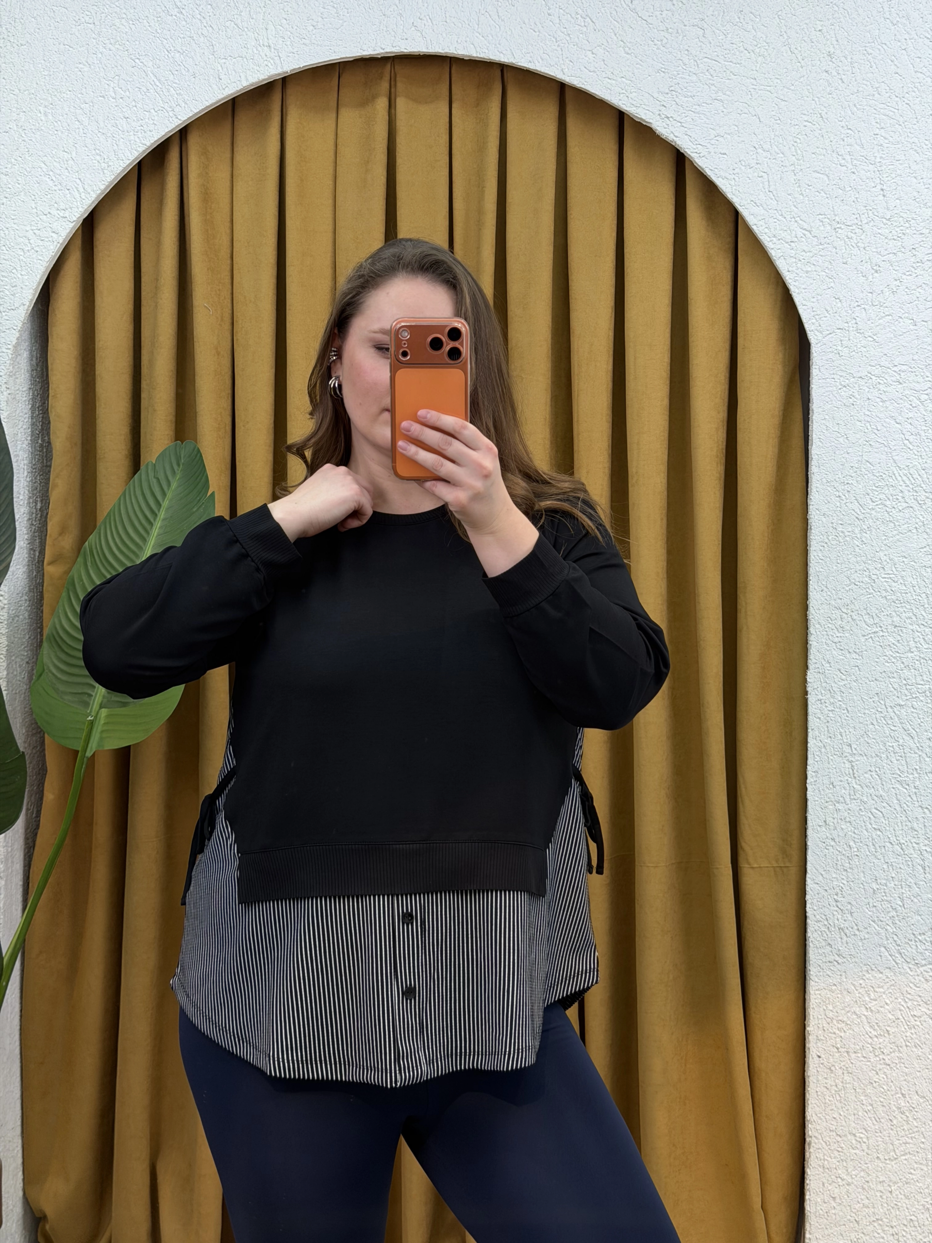 Garnili Yan Büzgü Esnek Penye Bluz - Çizgili