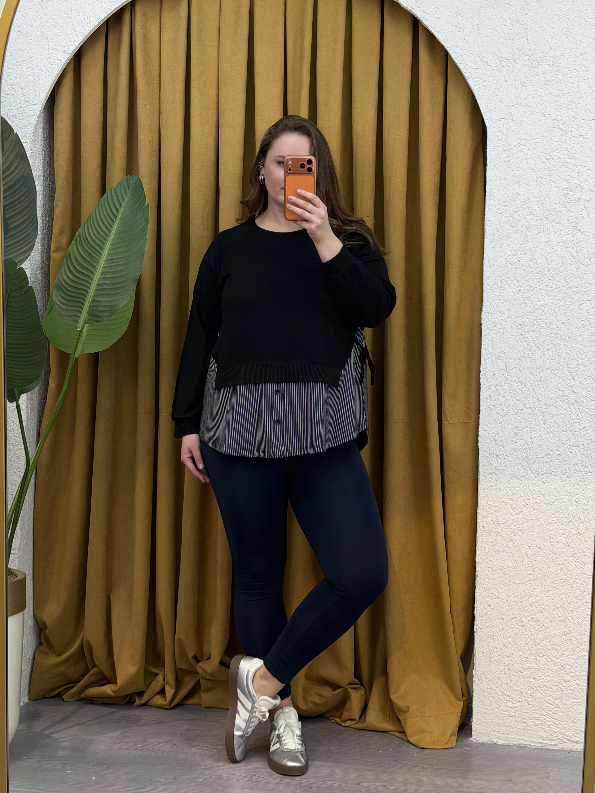 Garnili Yan Büzgü Esnek Penye Bluz - Çizgili