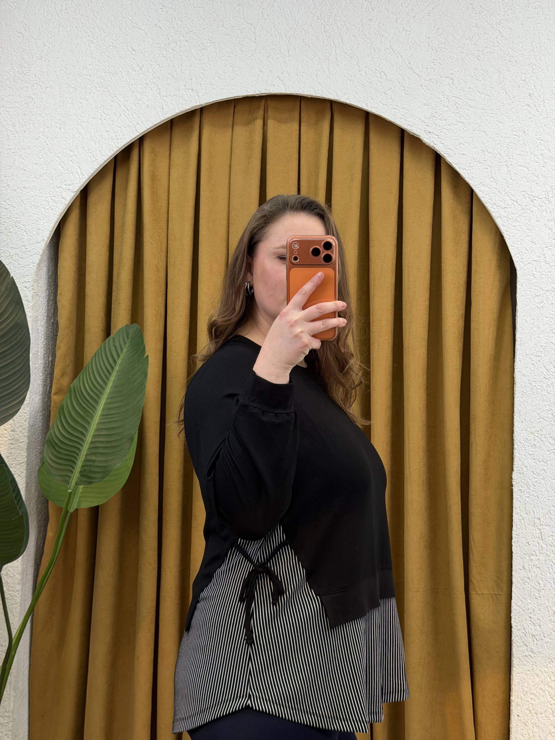 Garnili Yan Büzgü Esnek Penye Bluz - Çizgili