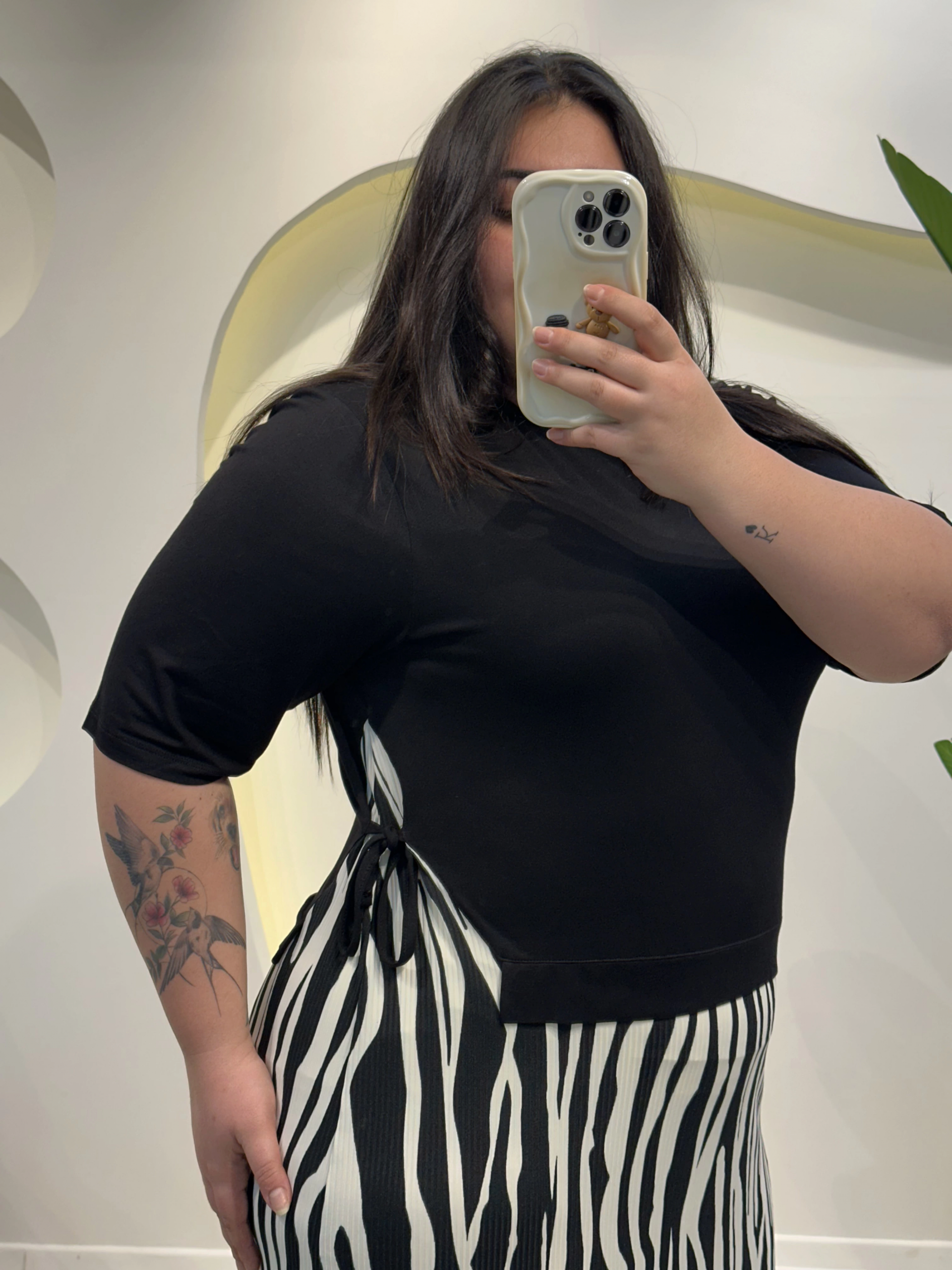 Garnili Yan Büzgü Esnek Penye Elbise - Zebra Desen