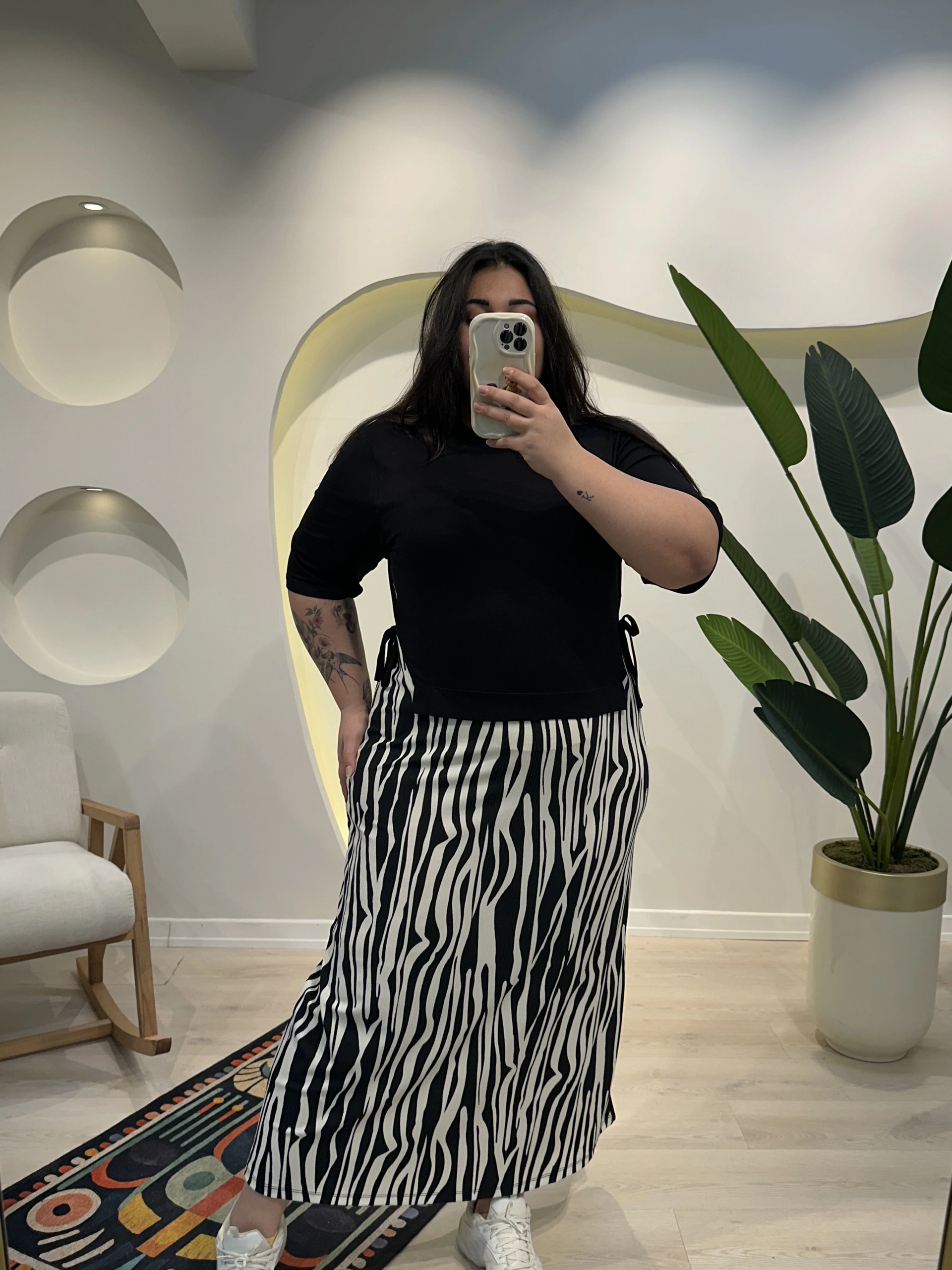 Garnili Yan Büzgü Esnek Penye Elbise - Zebra Desen