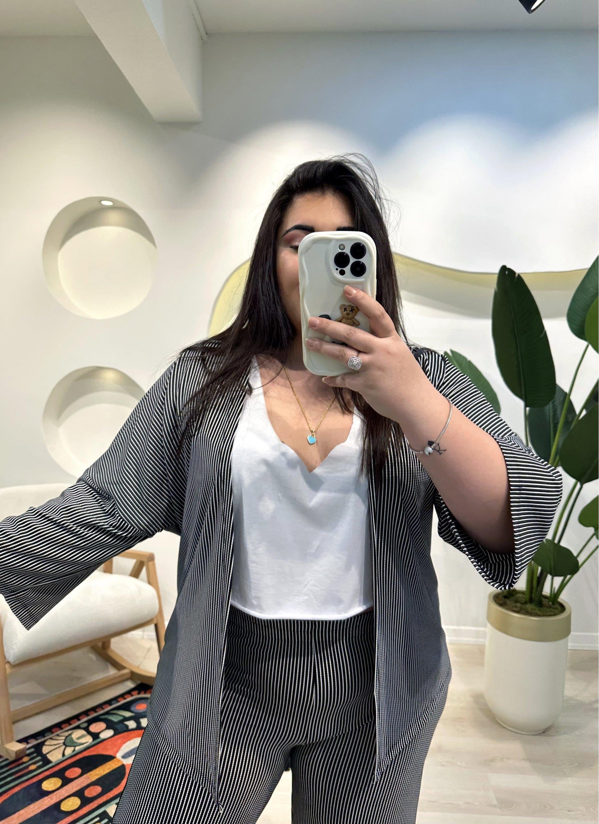 Geniş Kesim Bürümcük Palazzo Takım - Siyah Çizgili