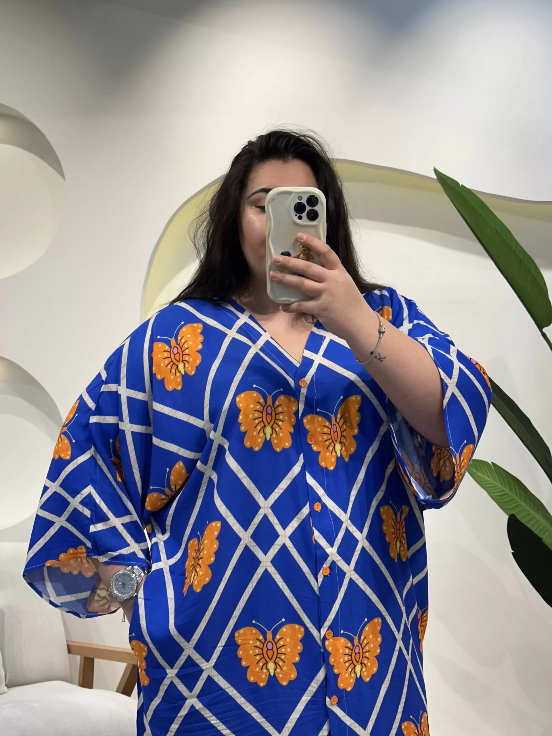 Geniş Kesim Düğme Detaylı Pamuklu Viskon Elbise - Mavi Kelebekli