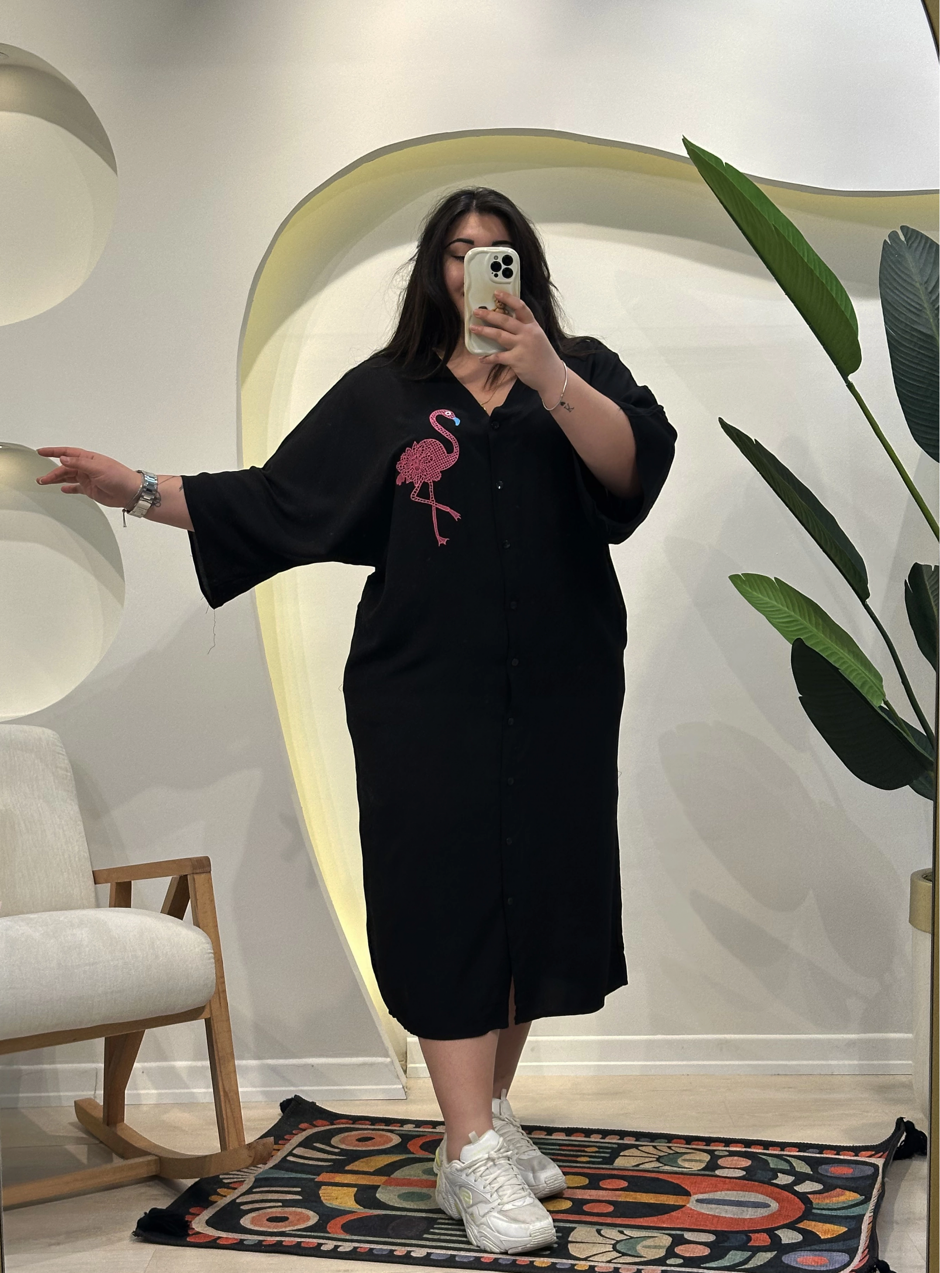 Geniş Kesim Düğme Detaylı Pamuklu Viskon Elbise - Siyah Flamingo