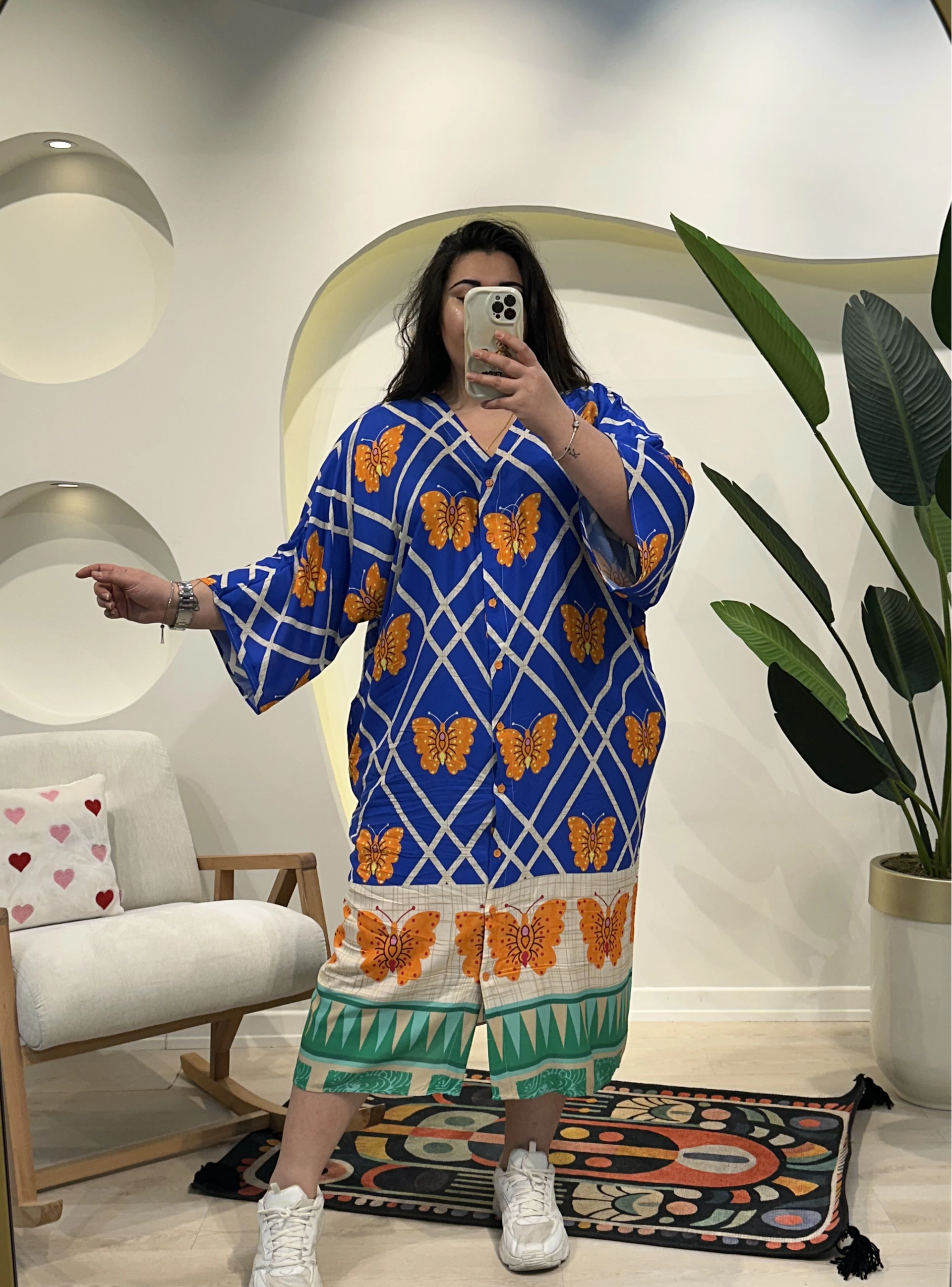 Geniş Kesim Düğme Detaylı Pamuklu Viskon Elbise - Mavi Kelebekli