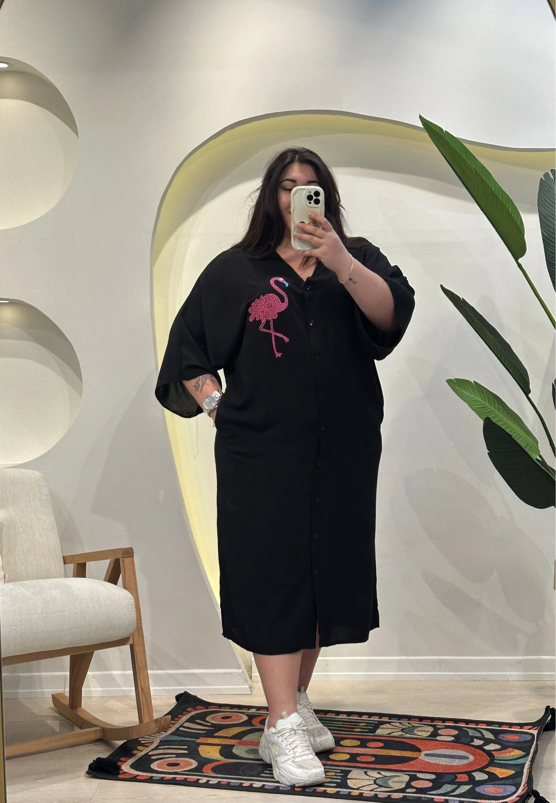 Geniş Kesim Düğme Detaylı Pamuklu Viskon Elbise - Siyah Flamingo