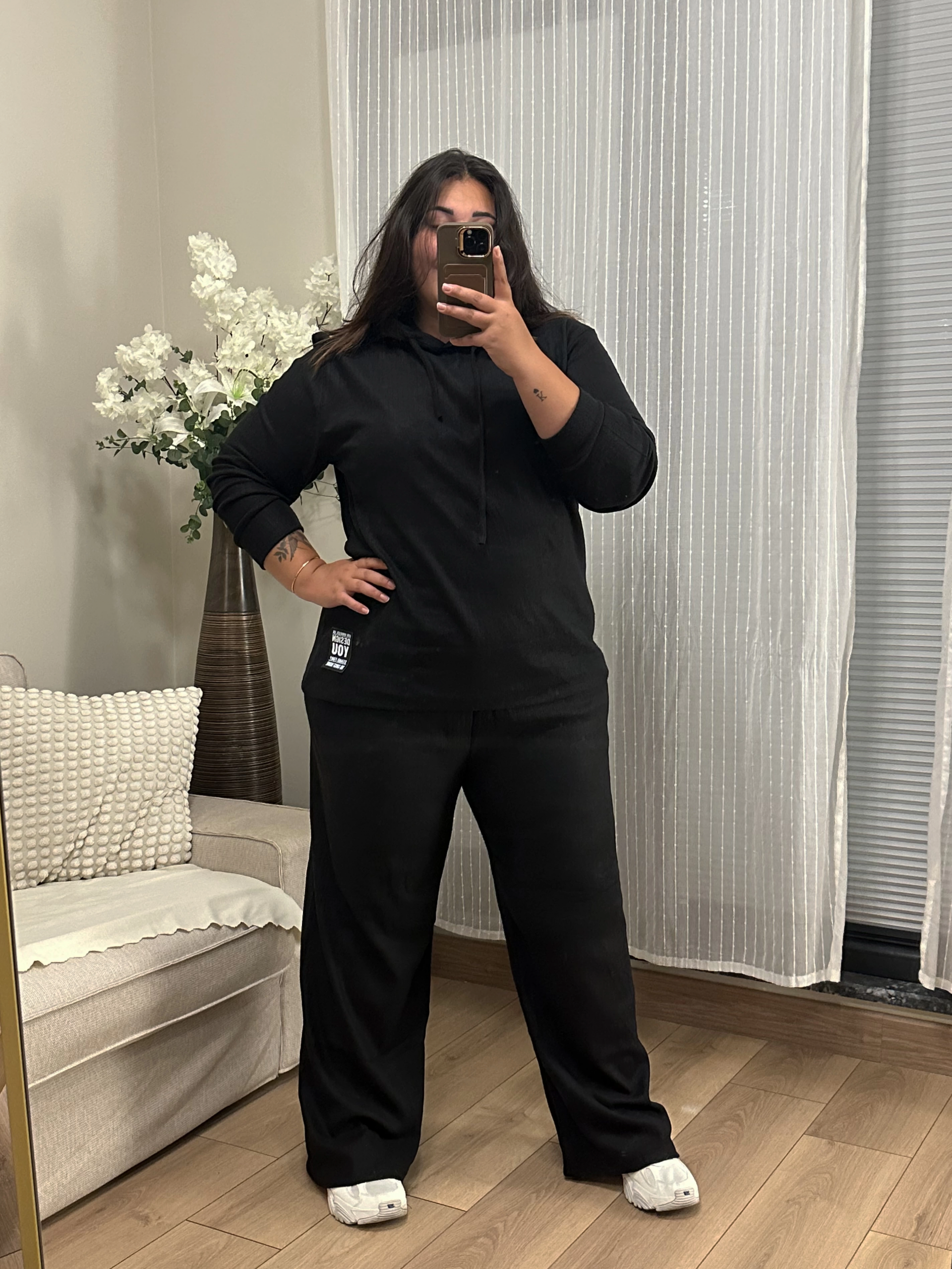 Geniş Kesim Esnek Kapüşonlu Fitilli Takım - Siyah