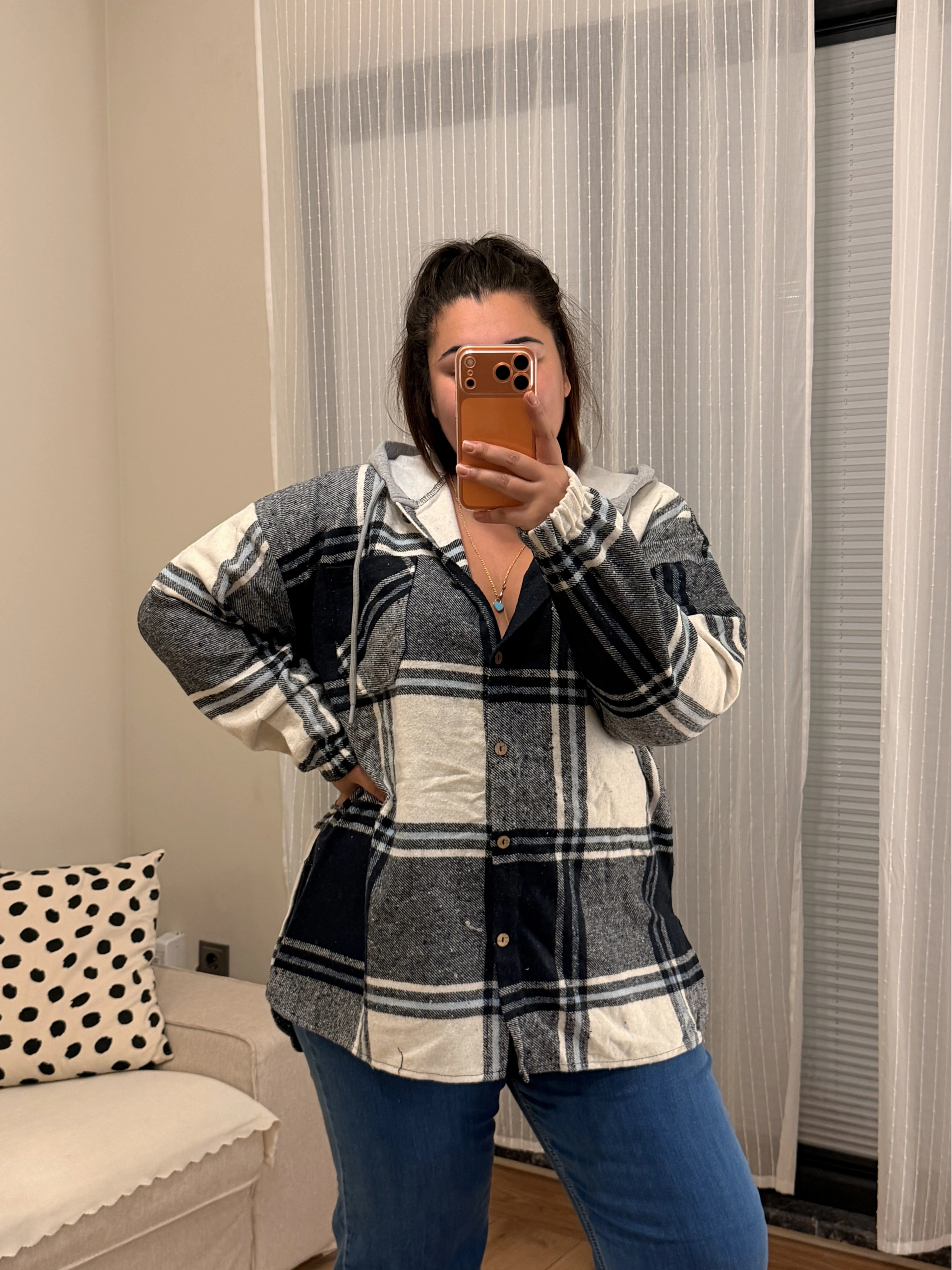 Geniş Kesim Kapüşonlu Oduncu Gömlek - Lacivert