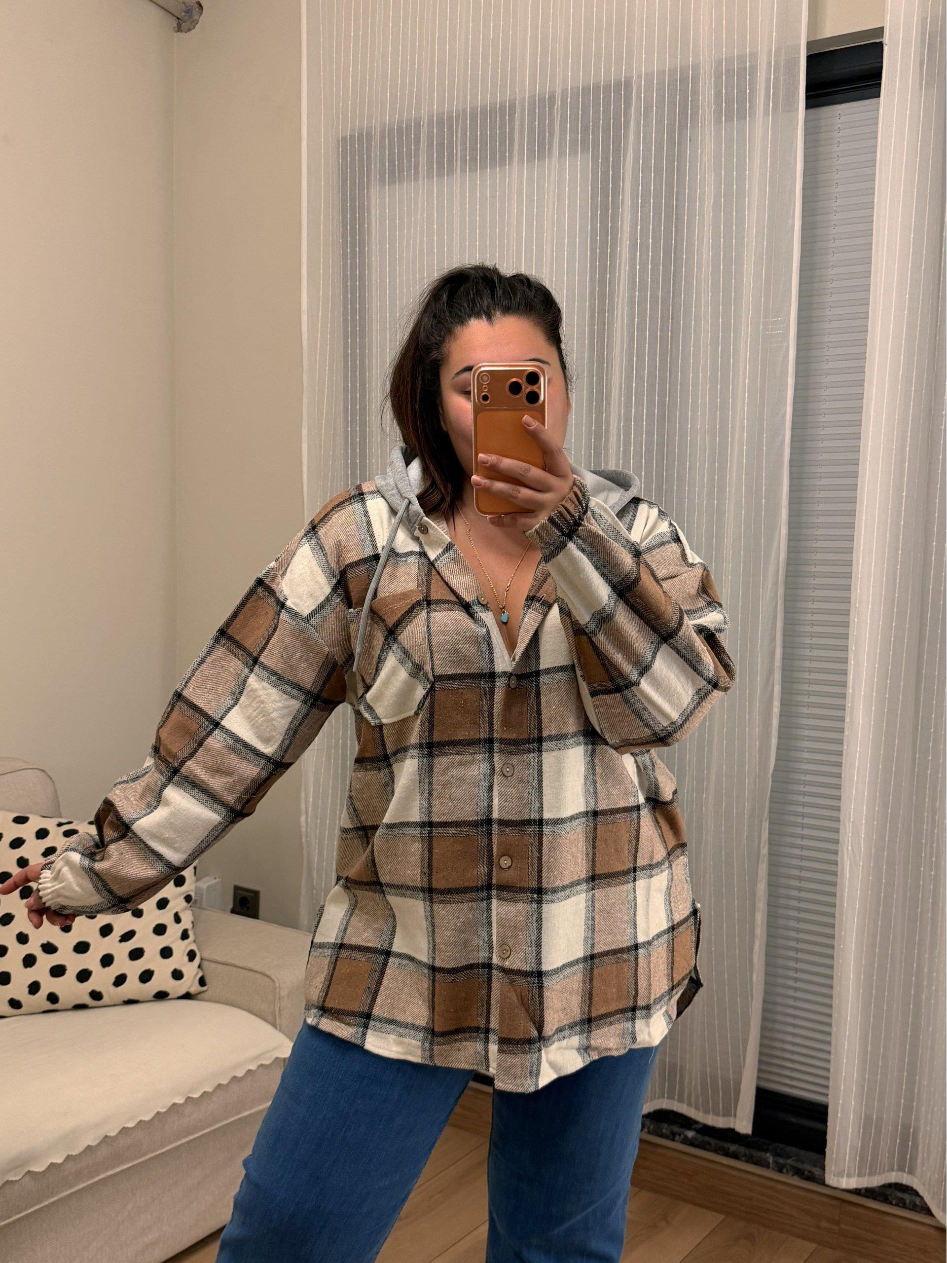 Geniş Kesim Kapüşonlu Oduncu Gömlek - Vizon