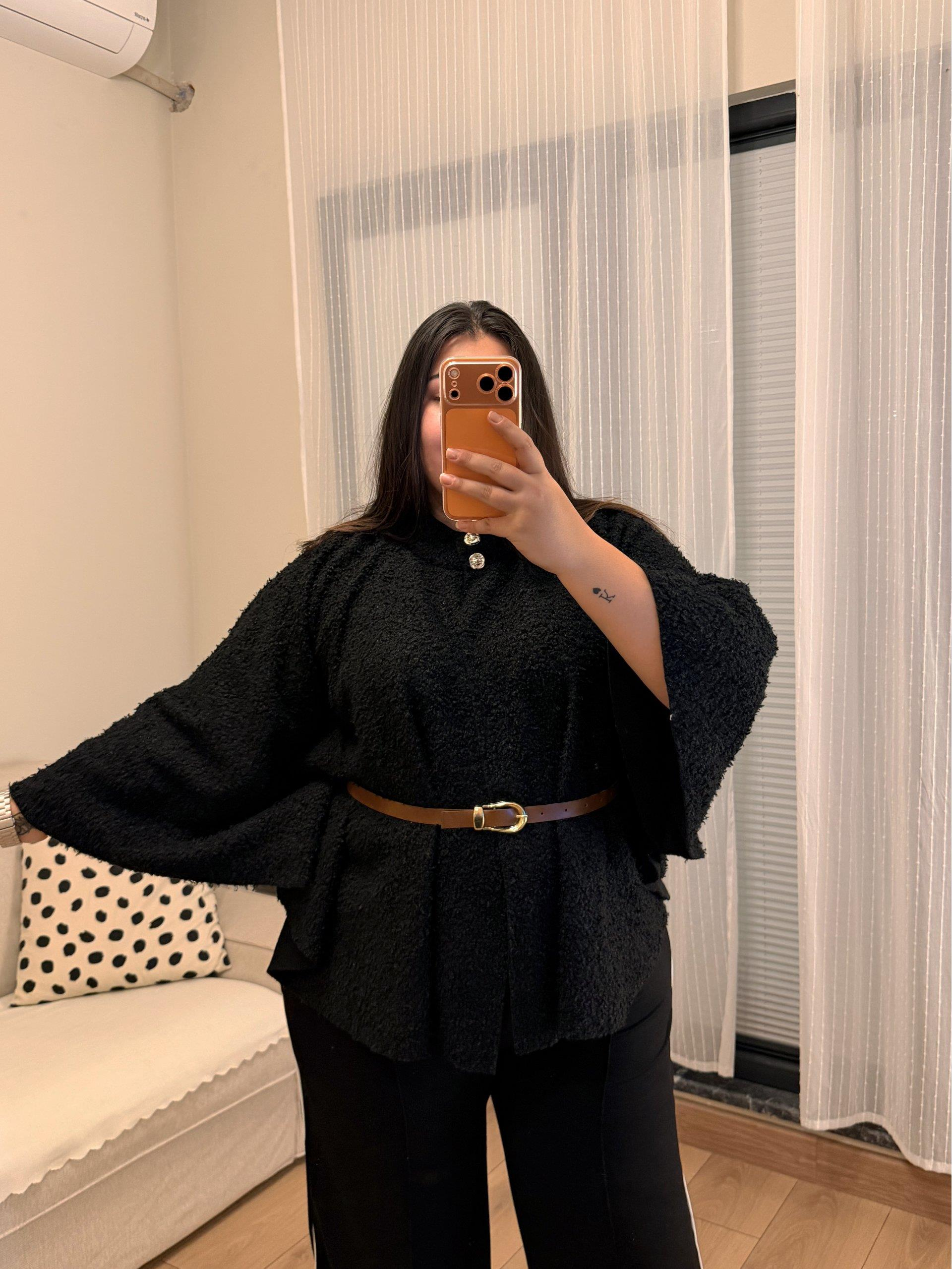 Geniş Kesim Kemerli Buklet Panço - Siyah