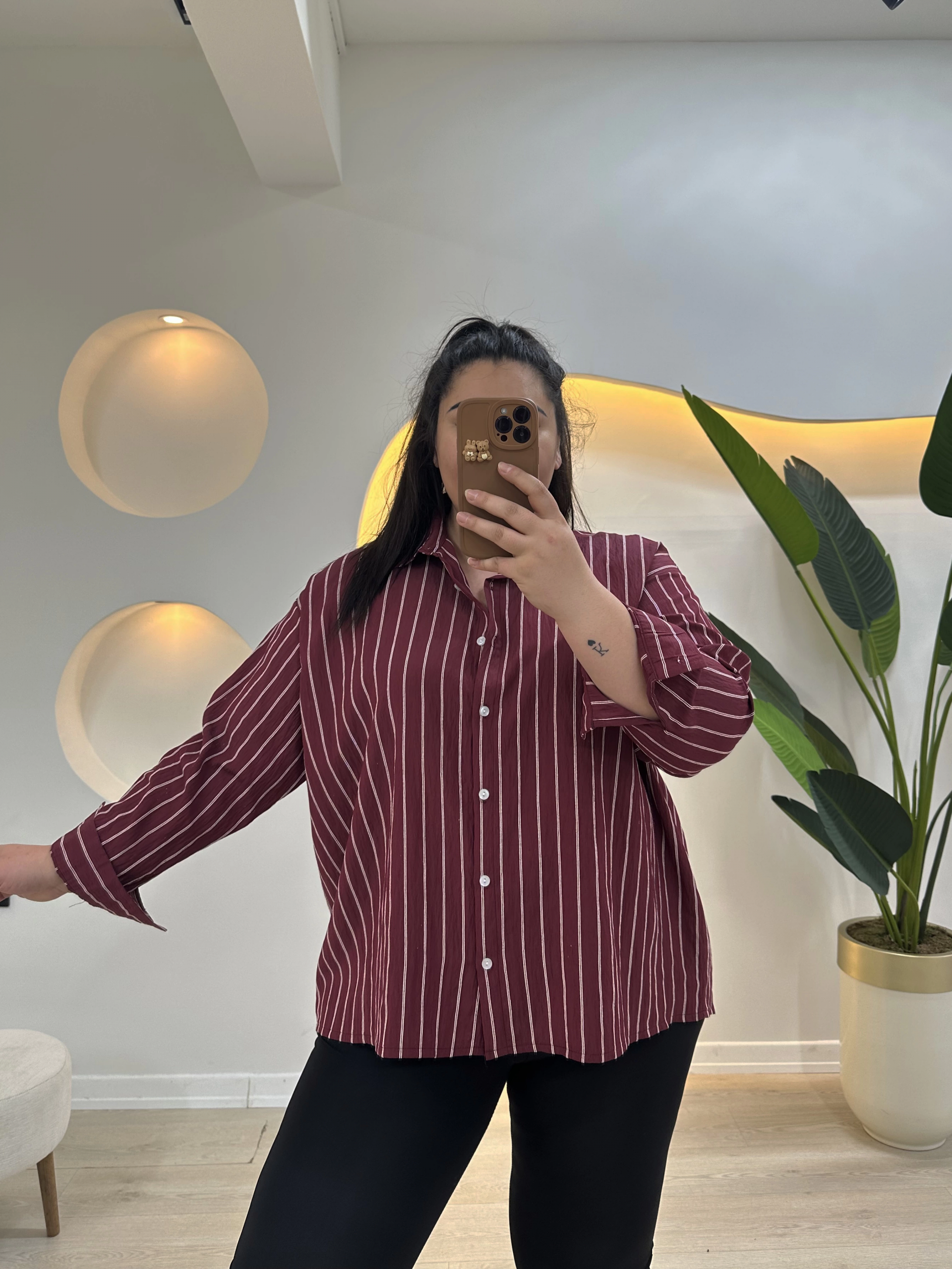 Geniş Kesim Pamuklu Tensel Gömlek - Bordo Çizgili