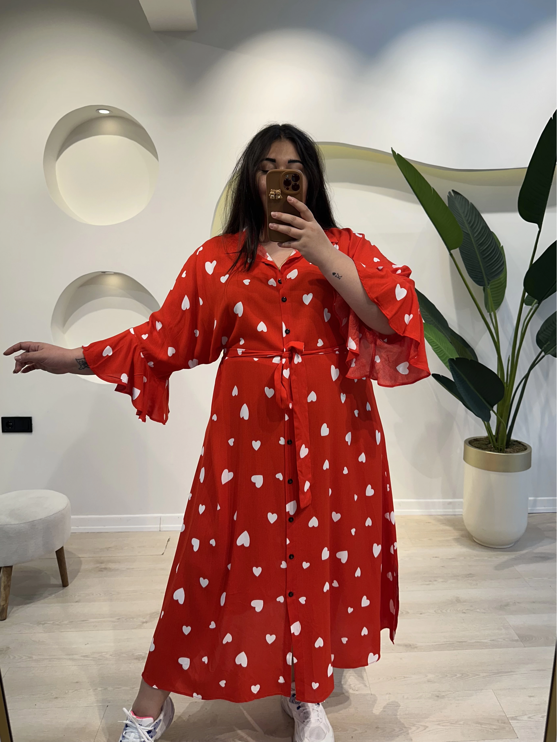 Geniş Kesim Yarasa Kol Viskon Gömlek Elbise - Kırmızı Kalpli