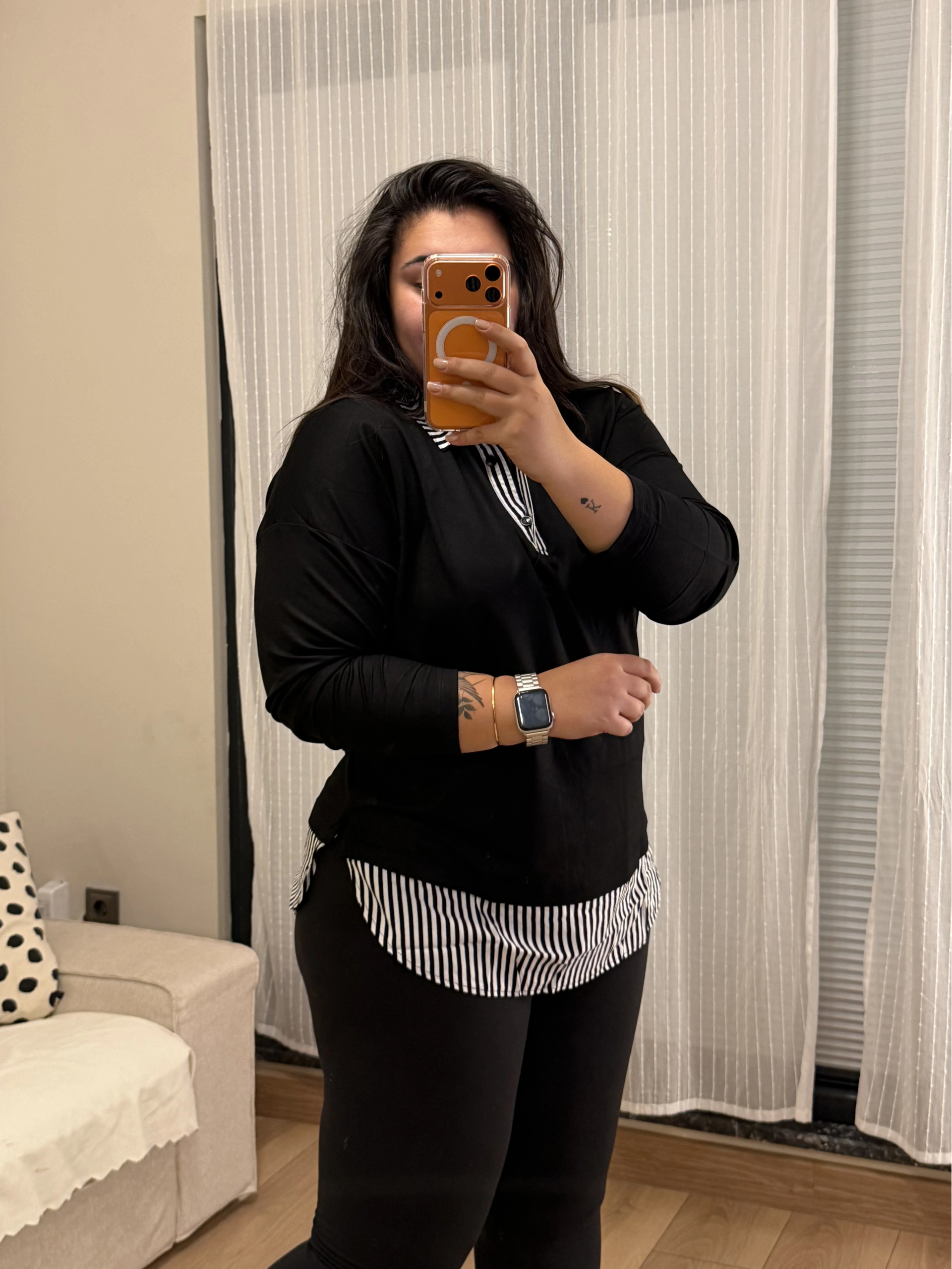 Gömlek Yaka Çizgili Esnek Bluz - Siyah