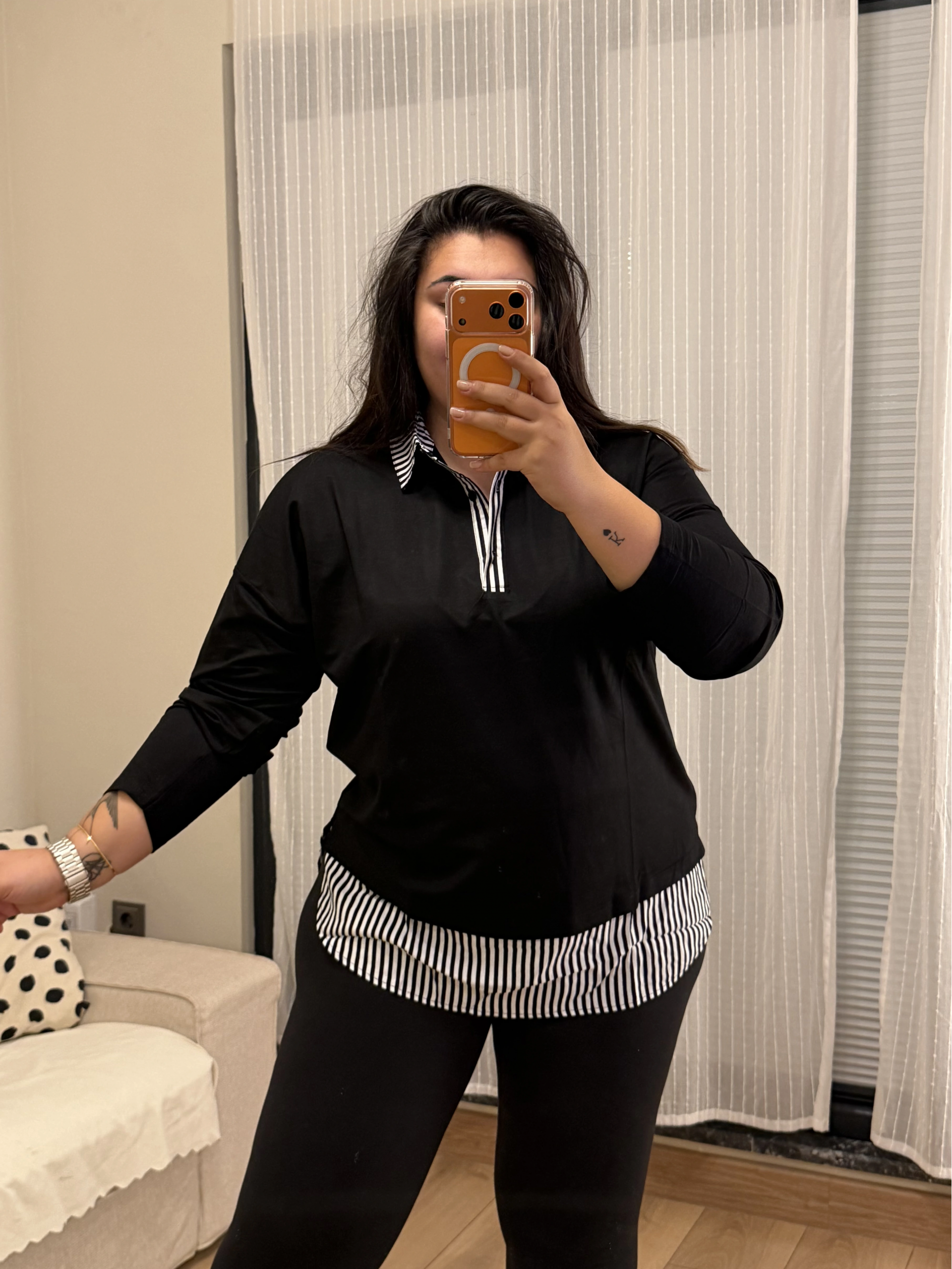 Gömlek Yaka Çizgili Esnek Bluz - Siyah