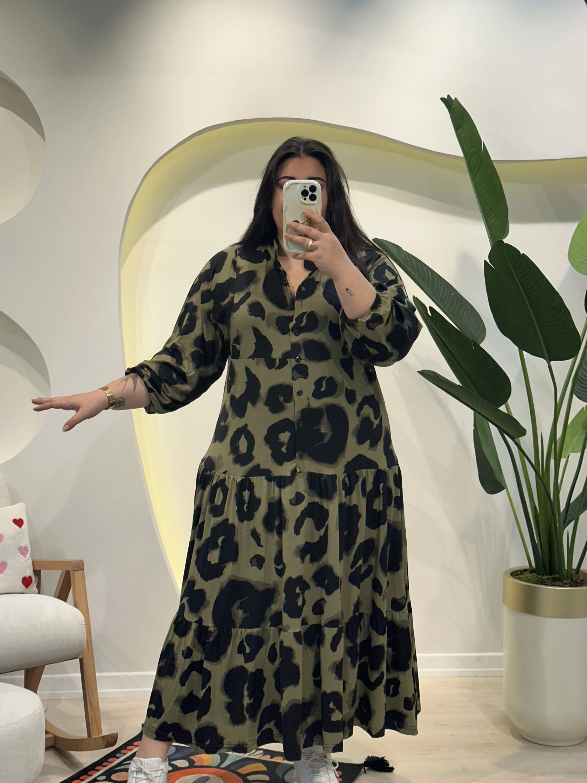 Hakim Yaka Esnek Penye Gömlek Elbise - Haki Leopar