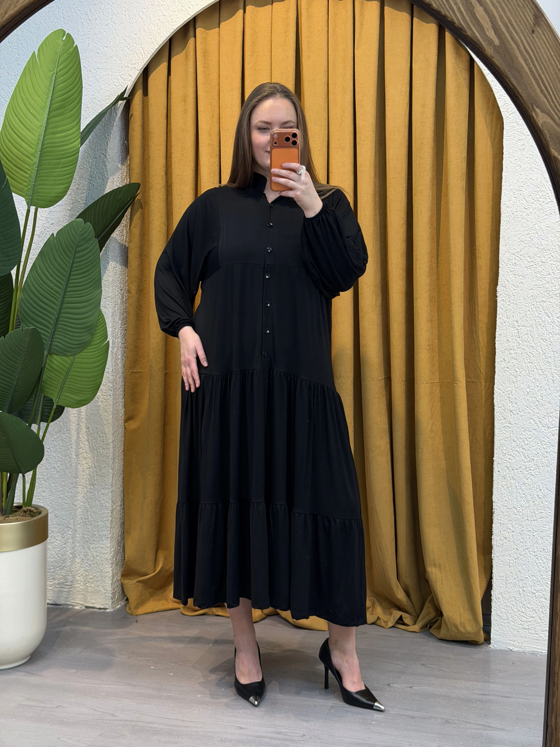 Hakim Yaka Esnek Penye Gömlek Elbise - Siyah