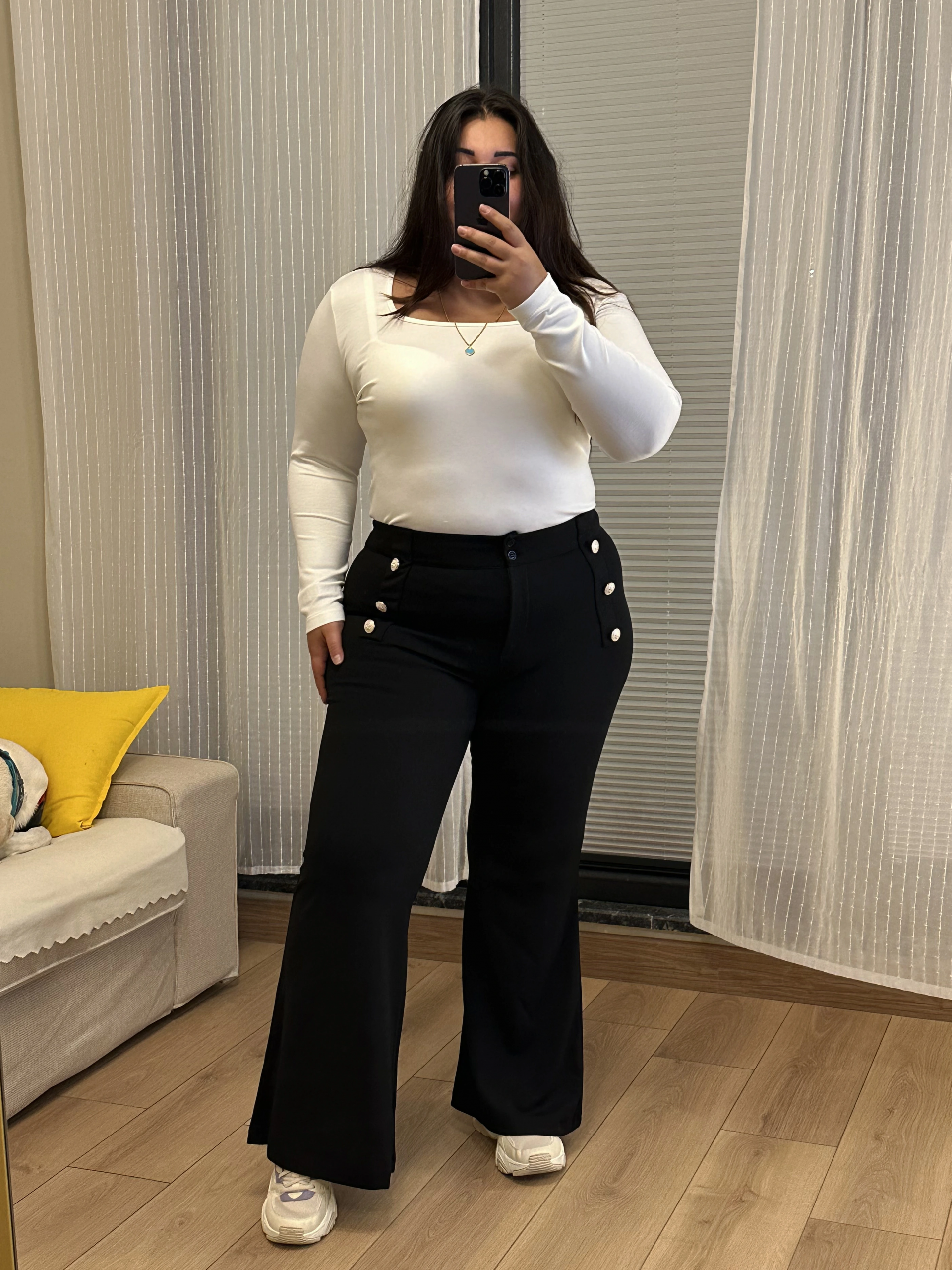 İspanyol Paça Düğme Detaylı Esnek Pantolon - Siyah