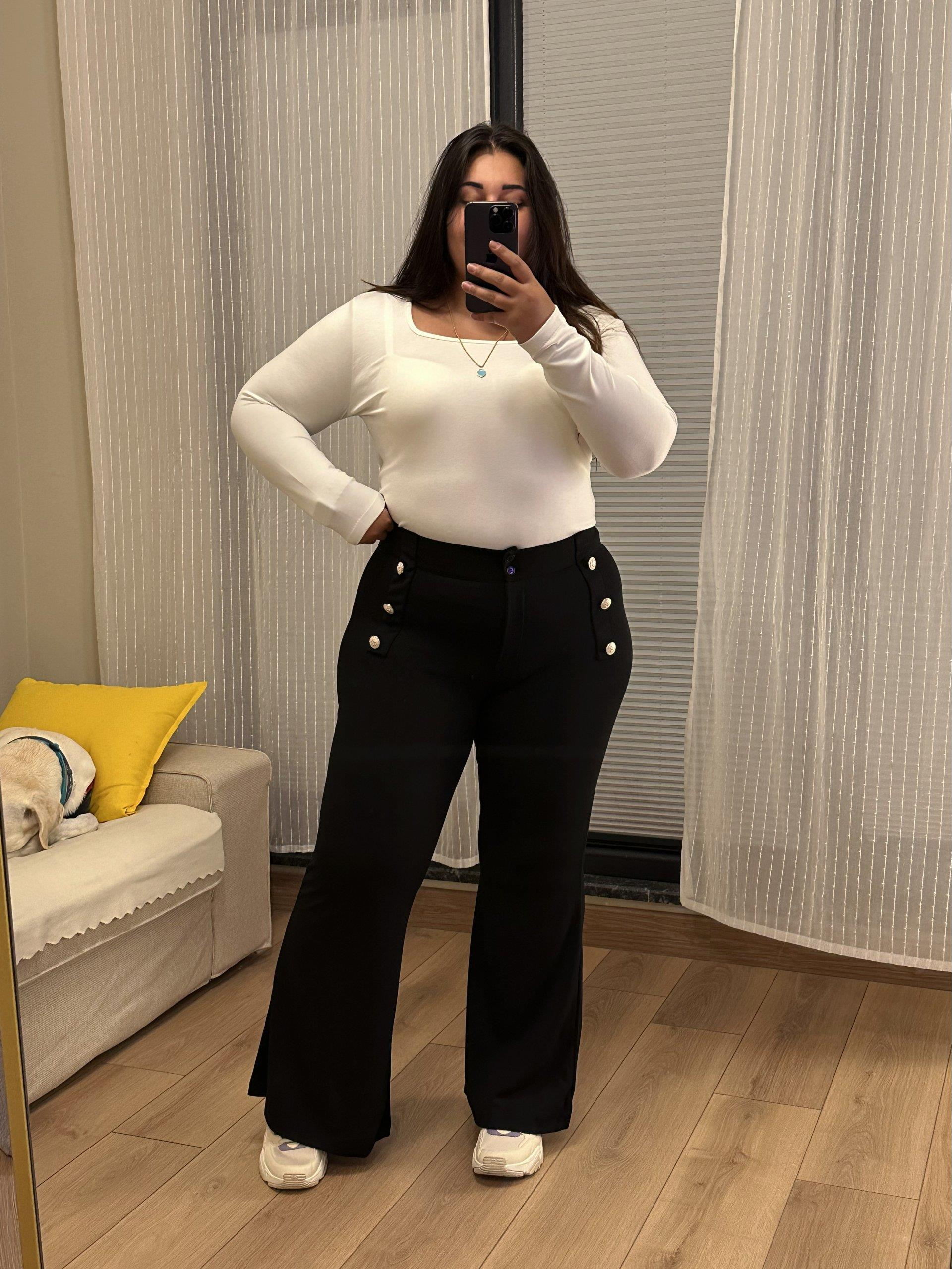 İspanyol Paça Düğme Detaylı Esnek Pantolon - Siyah