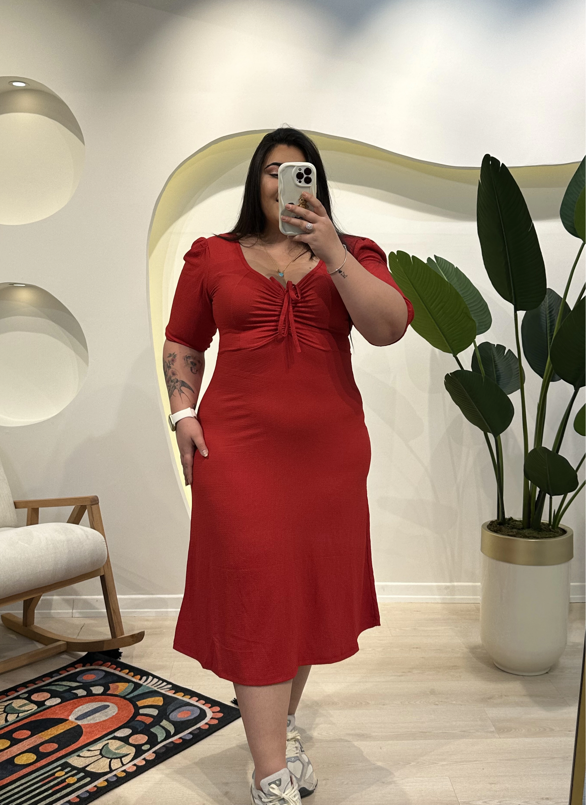 Kalp Yaka İpli Bürümcük Elbise - Kırmızı