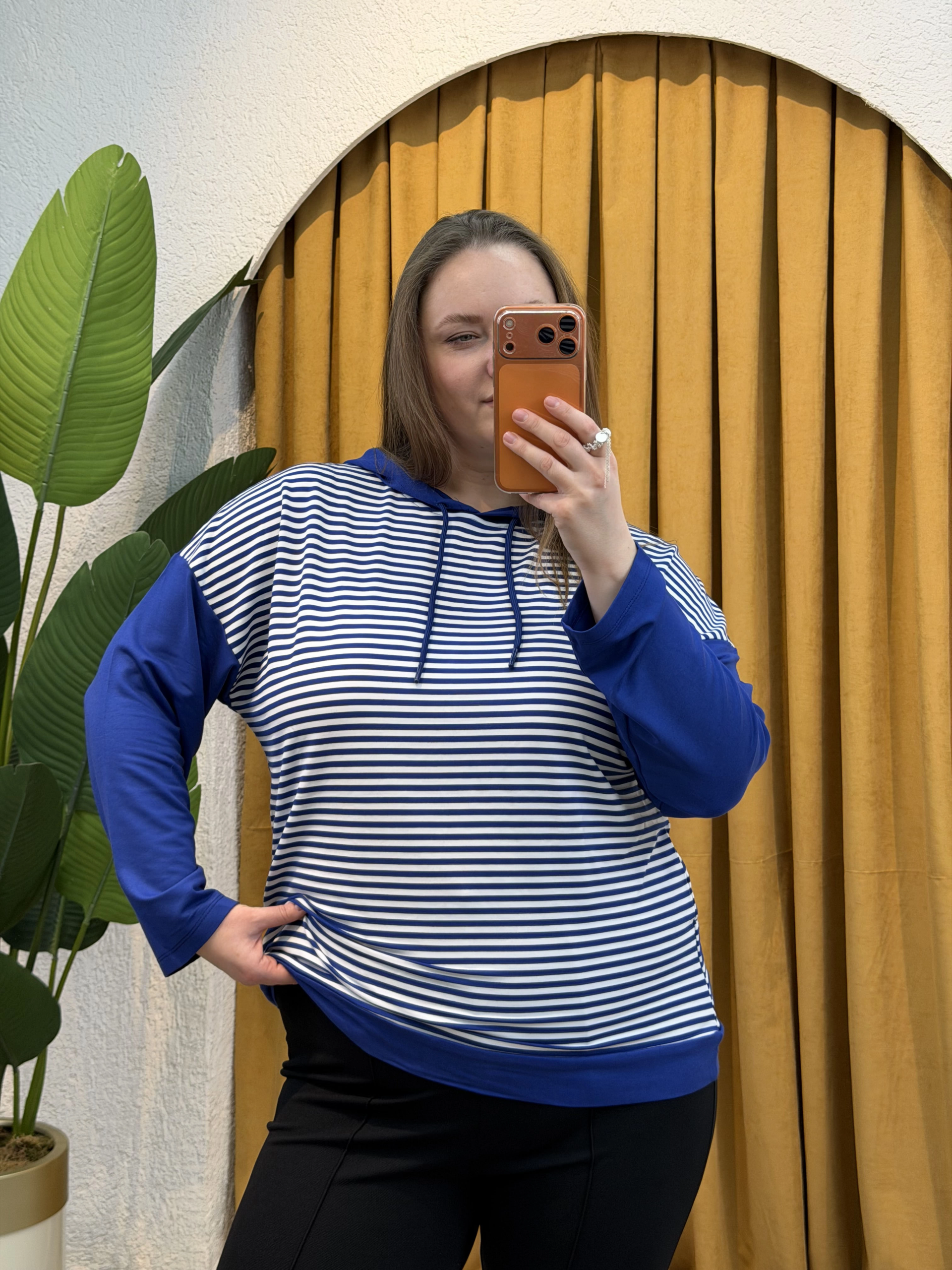 Kapüşonlu Çizgili Sweatshirt - Mavi