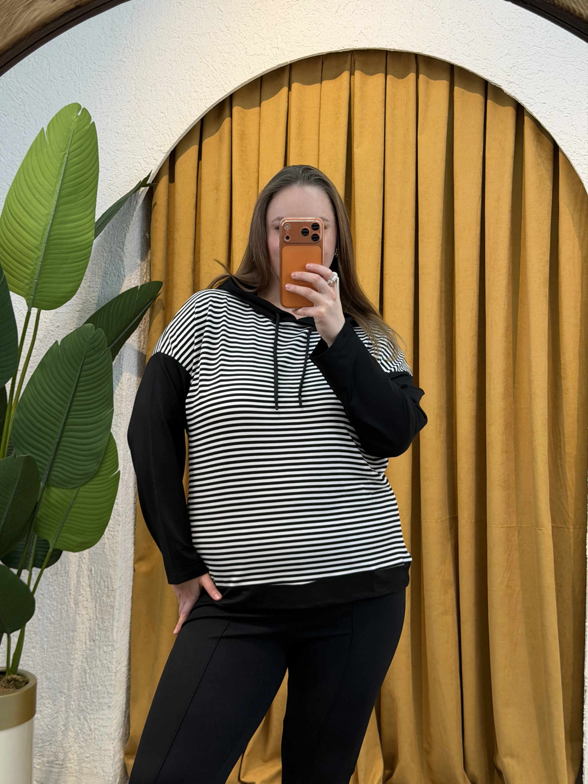 Kapüşonlu Çizgili Sweatshirt - Siyah