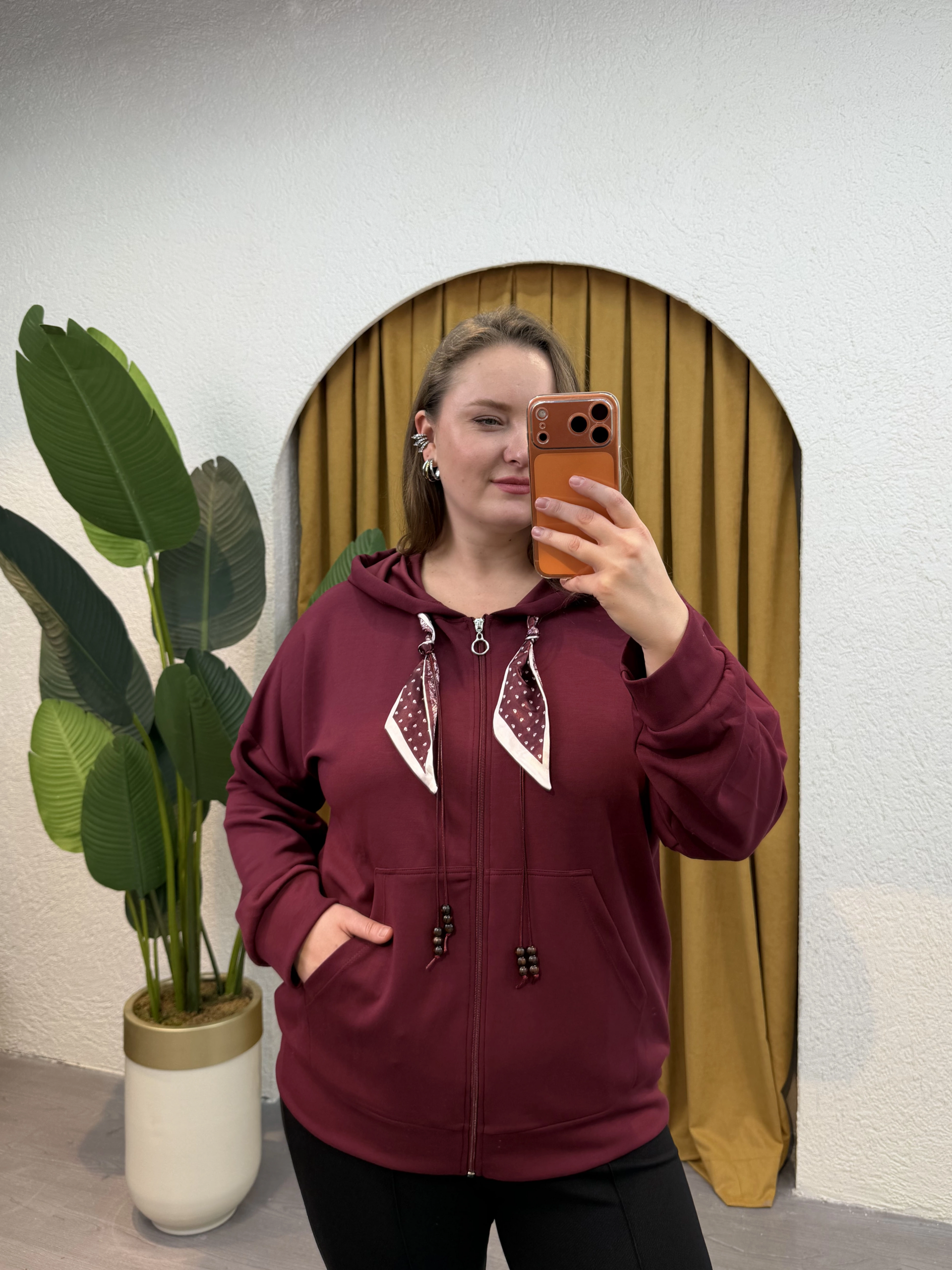 Kapüşonlu Fular Detaylı Fermuarlı Modal Hırka - Bordo