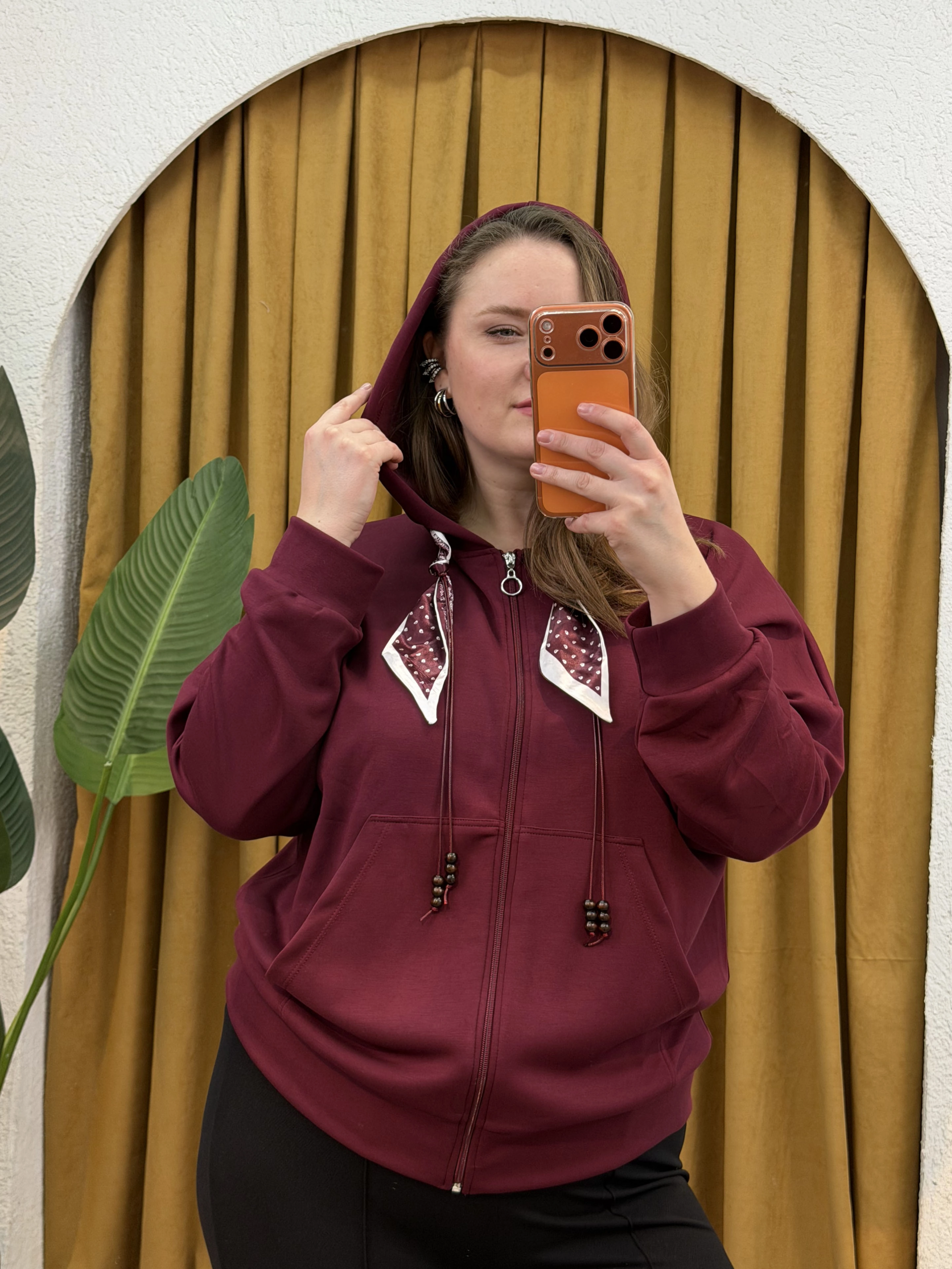 Kapüşonlu Fular Detaylı Fermuarlı Modal Hırka - Bordo