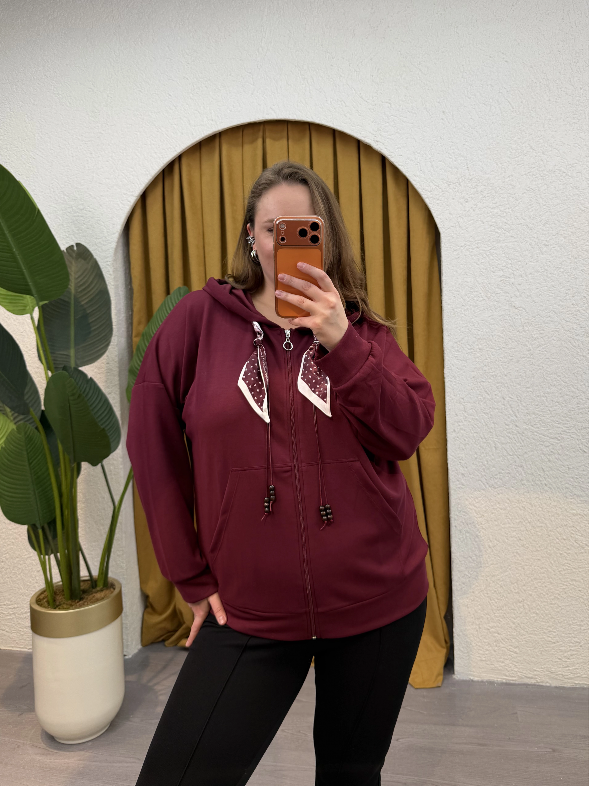 Kapüşonlu Fular Detaylı Fermuarlı Modal Hırka - Bordo