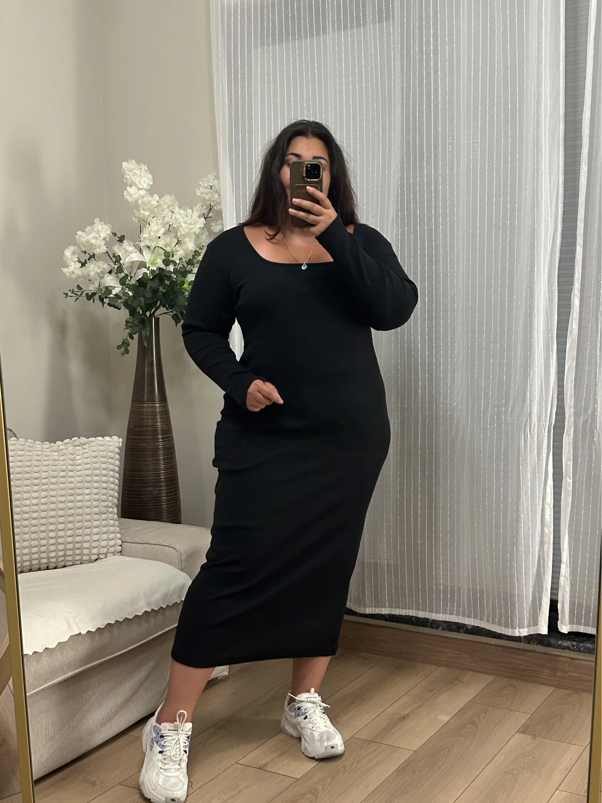 Kare Yaka Triko Likralı Elbise - Siyah