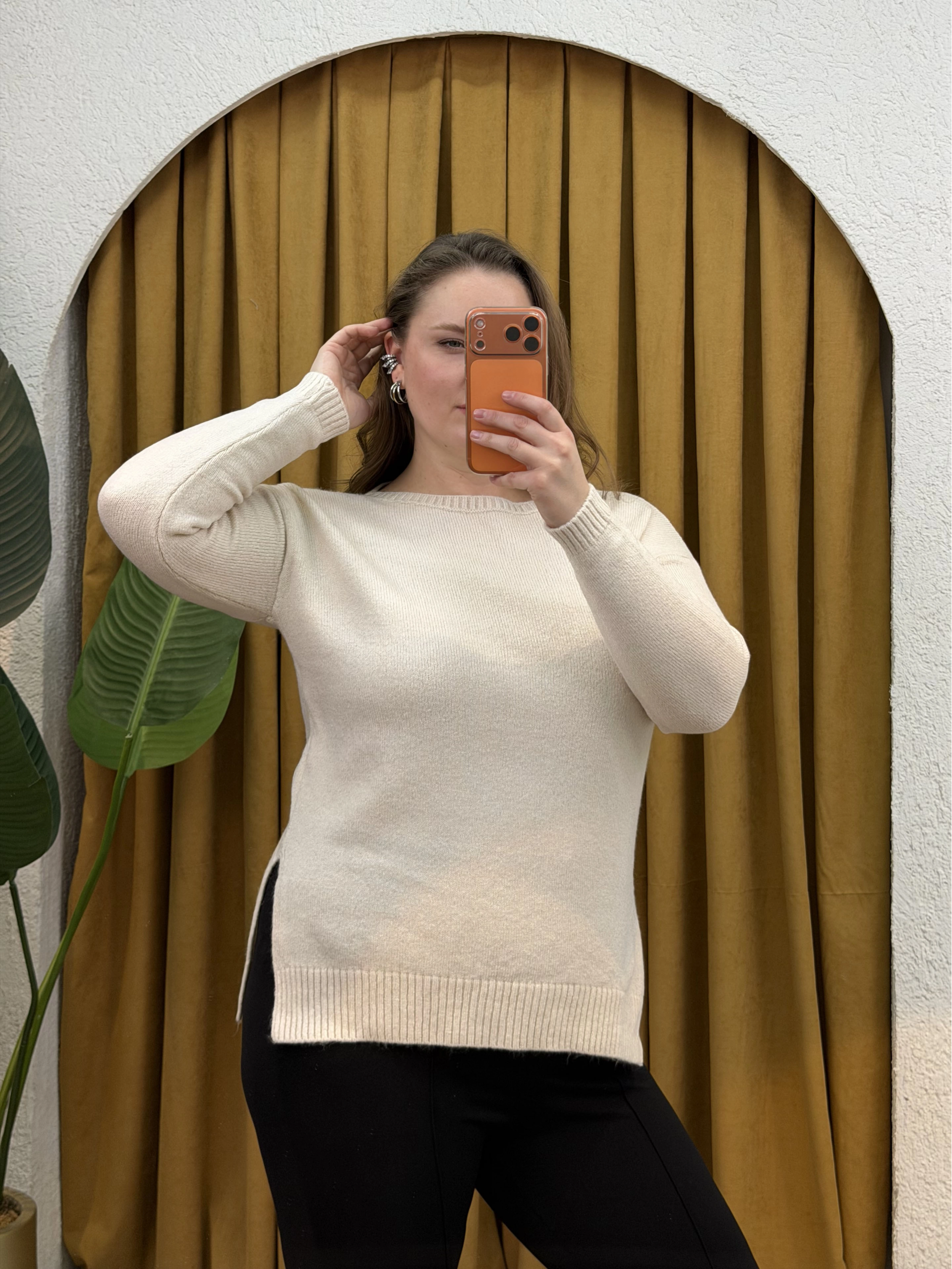 Kayık Yaka Oversize Kazak - Ekru