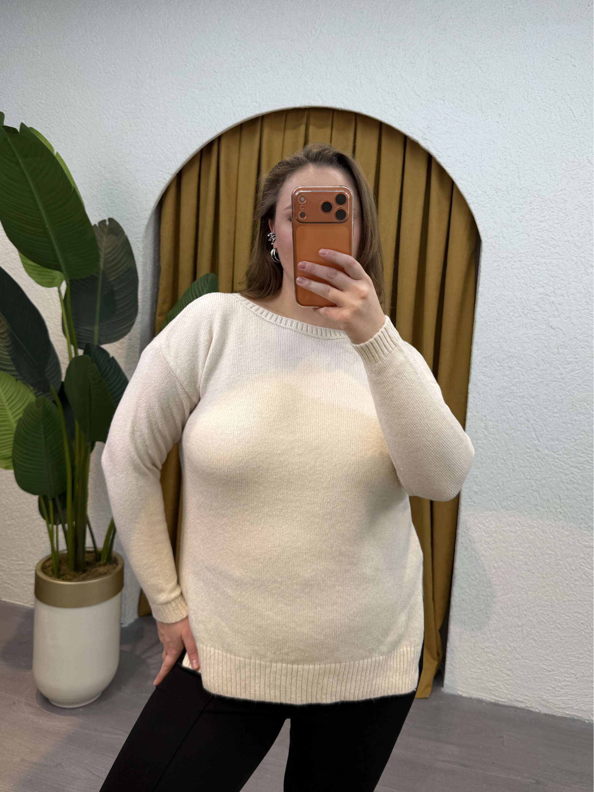 Kayık Yaka Oversize Kazak - Ekru