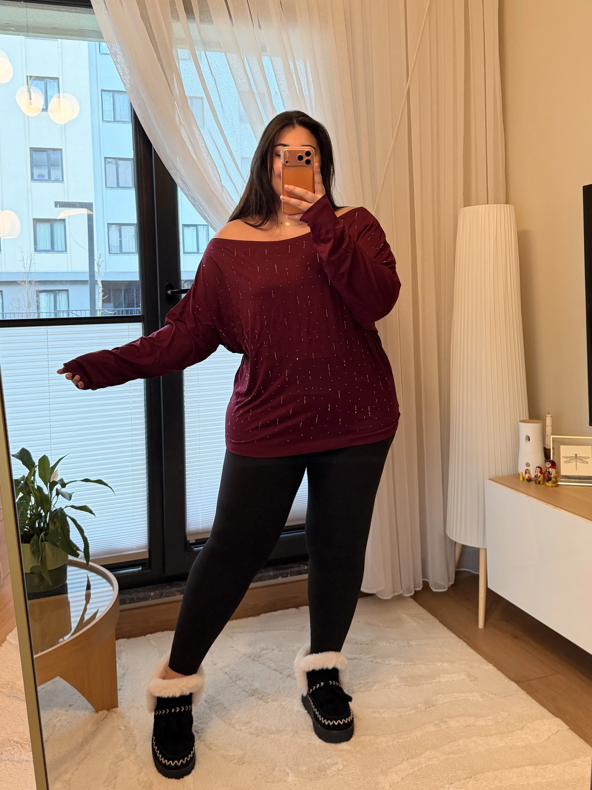 Kayık Yaka Taşlı Modal Bluz - Mürdüm