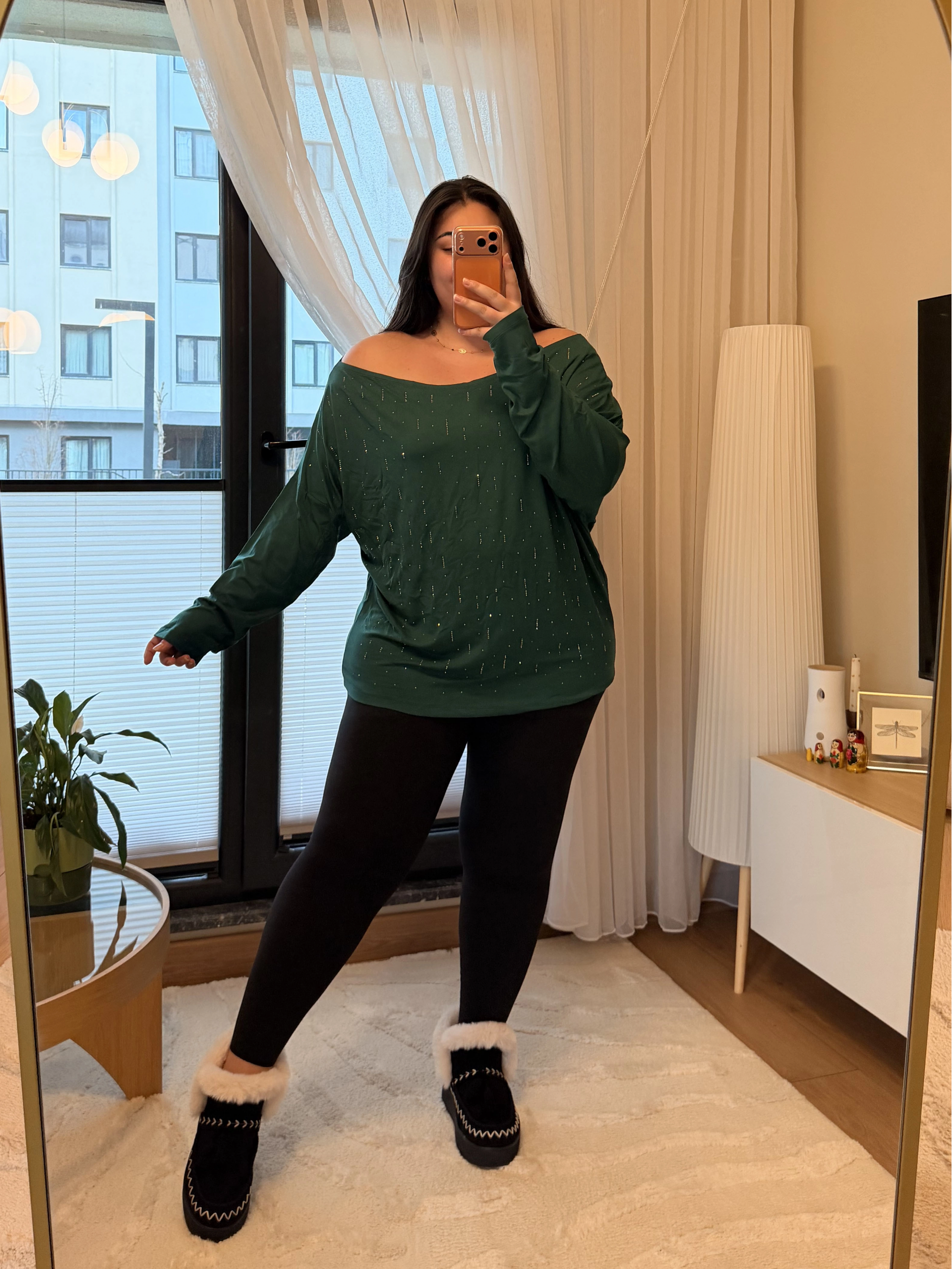 Kayık Yaka Taşlı Modal Bluz - Zümrüt