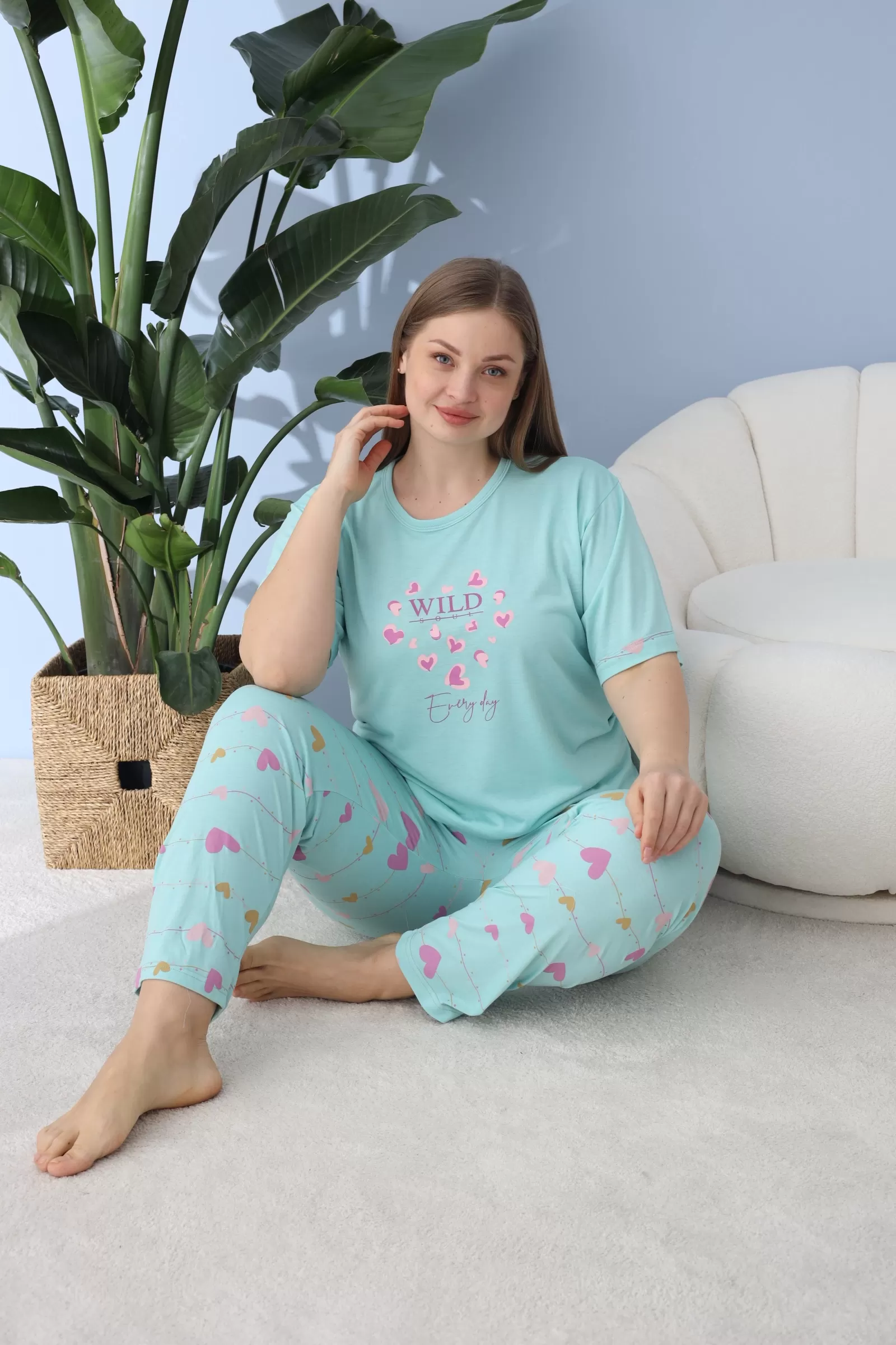 Kısa Kollu Basic Pijama Takımı - Kalpli