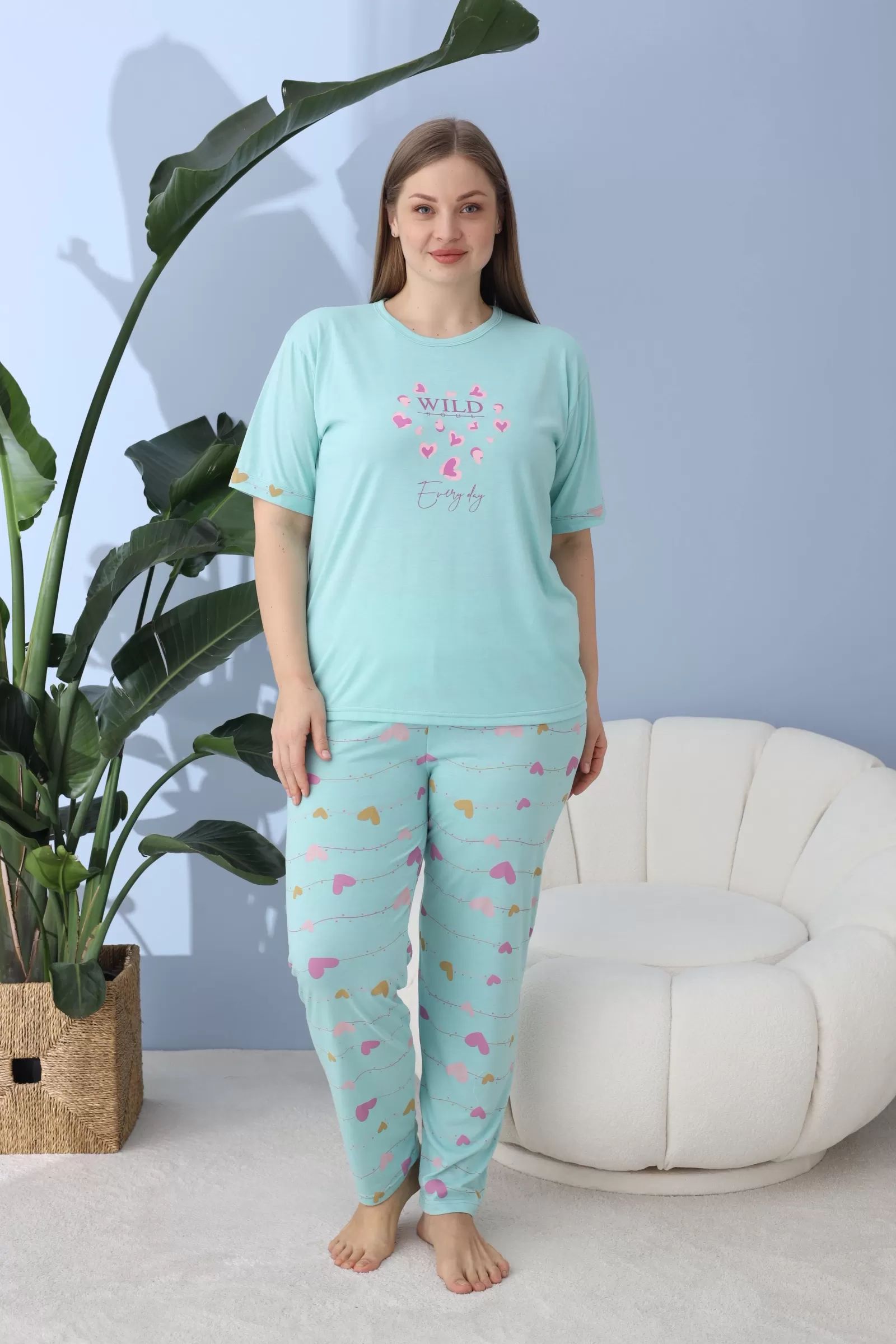 Kısa Kollu Basic Pijama Takımı - Kalpli
