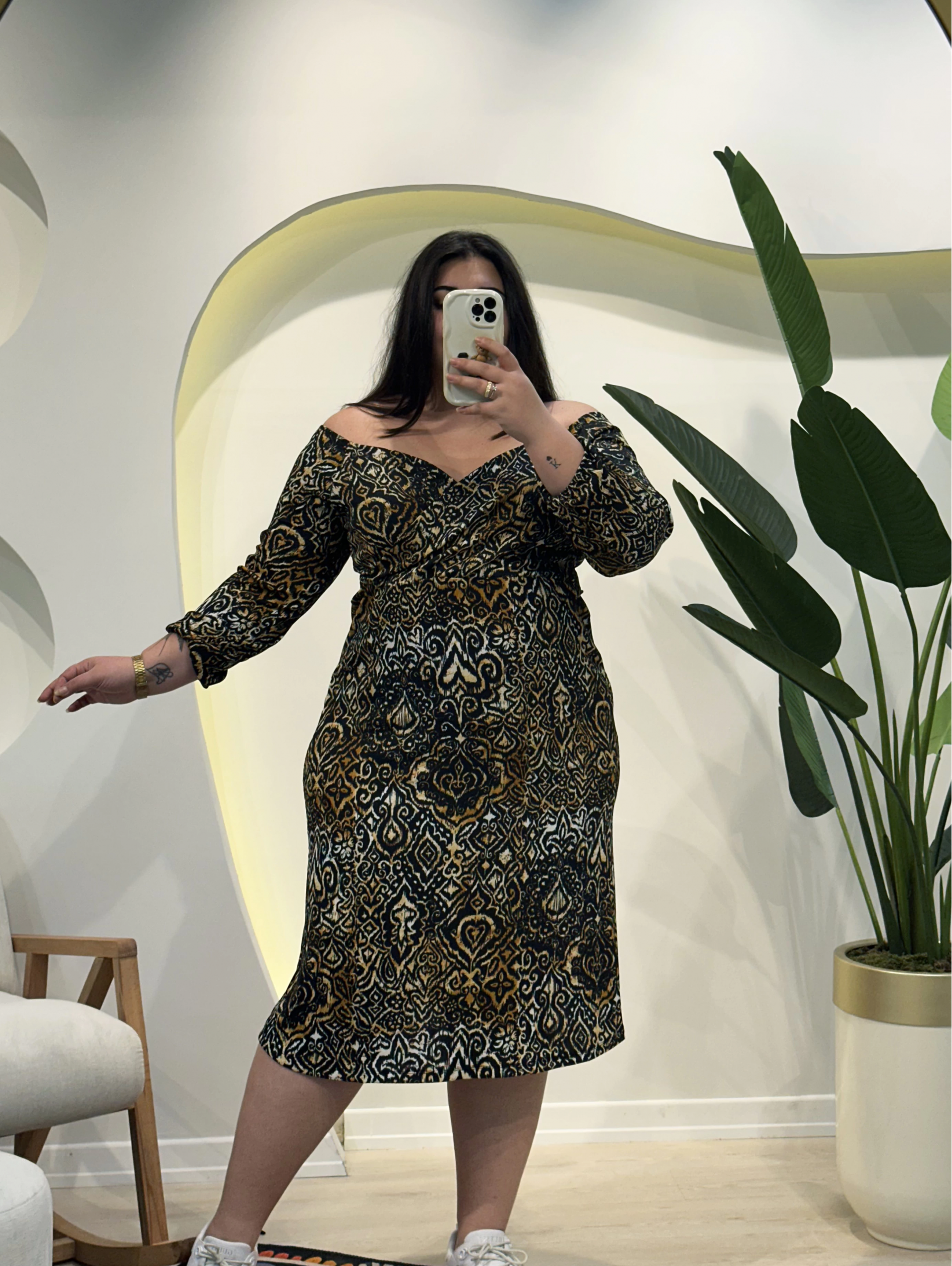 Kruvaze Yaka Esnek Bürümcük Elbise - Antik