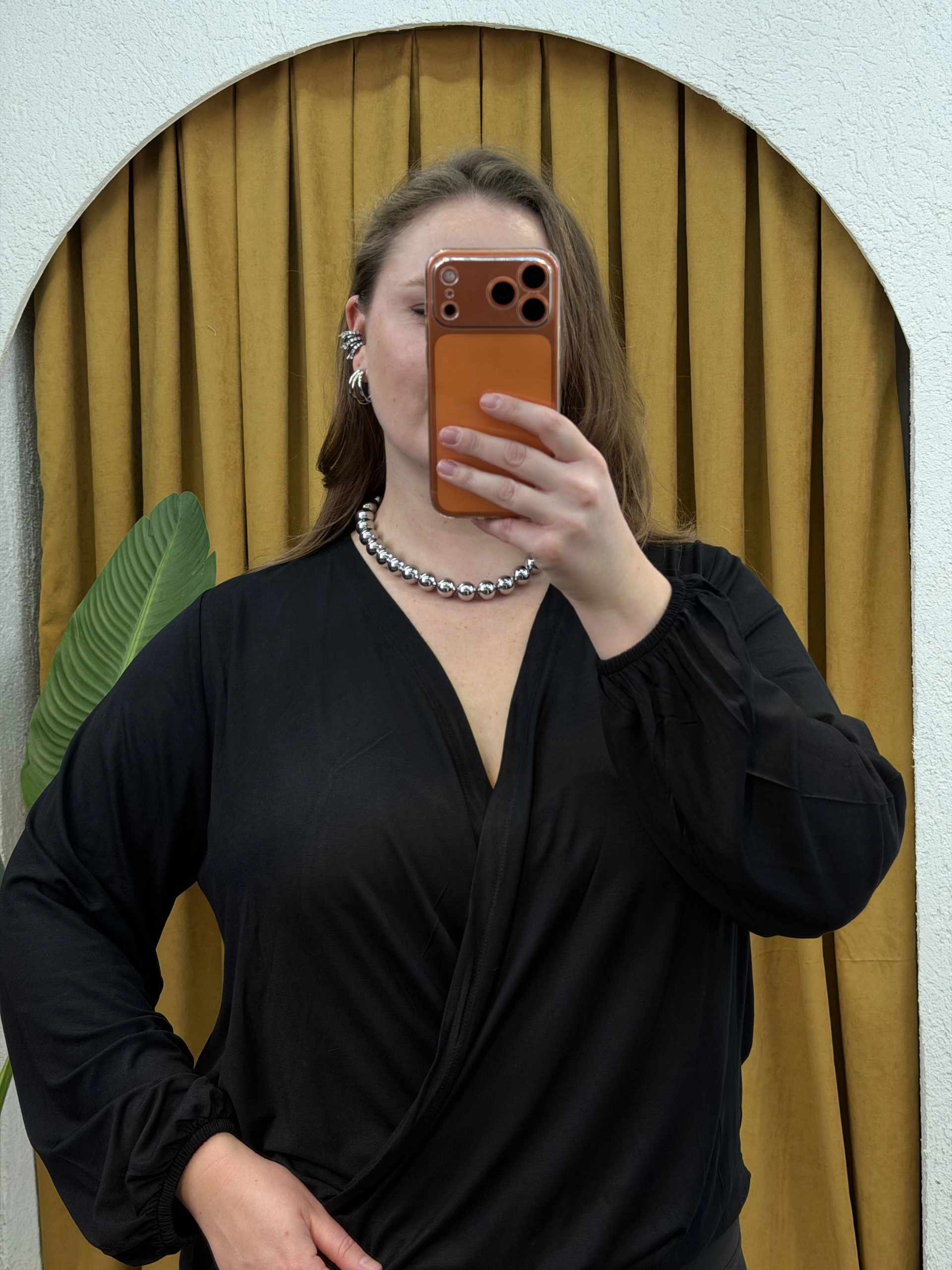 Kruvaze Yaka Lastikli Esnek Modal Bluz - Siyah