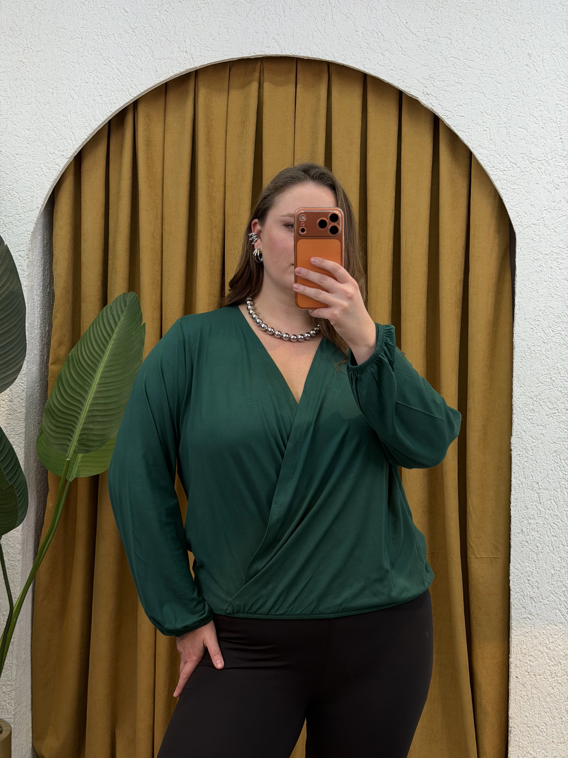 Kruvaze Yaka Lastikli Esnek Modal Bluz - Zümrüt Yeşili