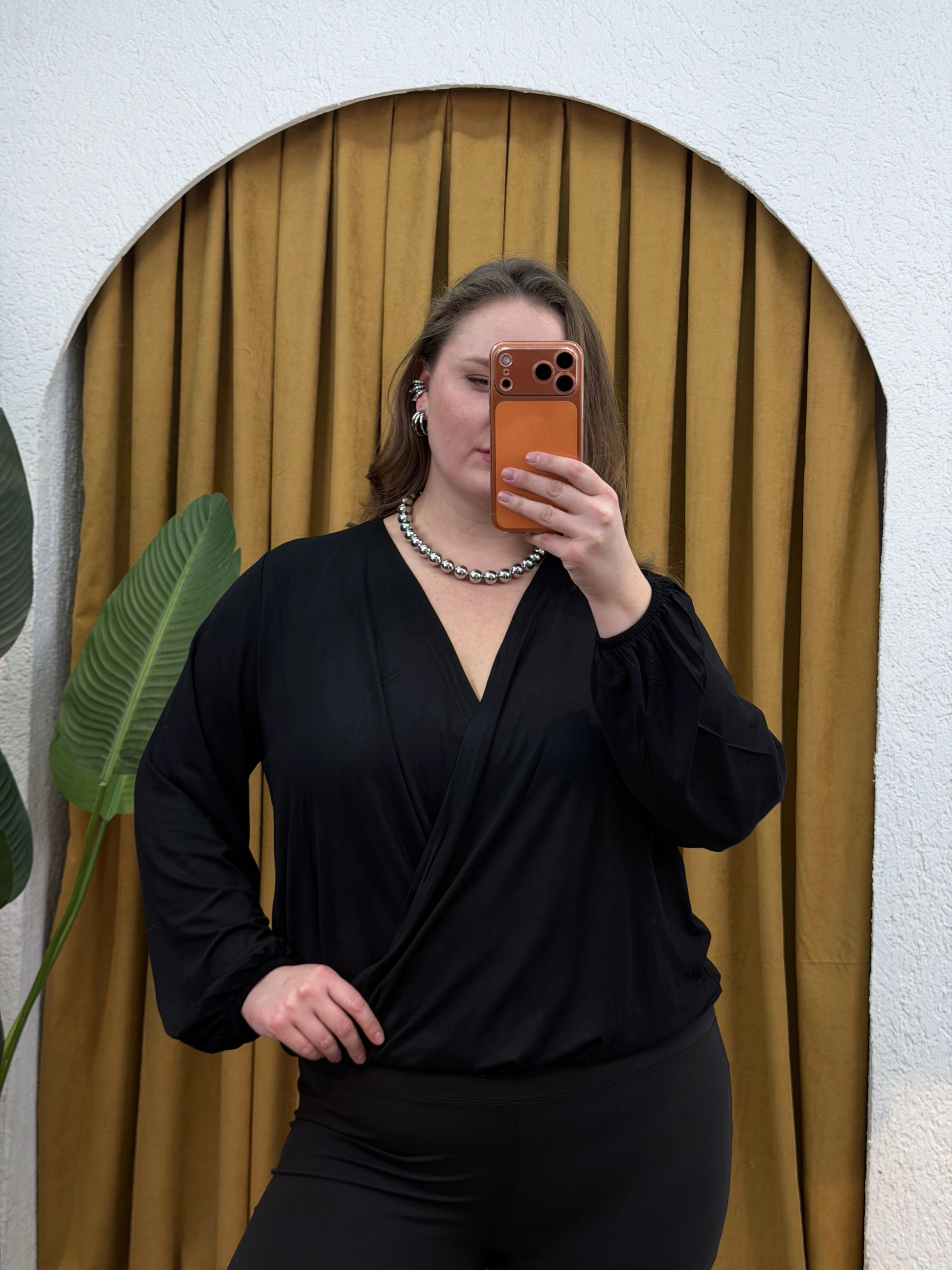 Kruvaze Yaka Lastikli Esnek Modal Bluz - Siyah