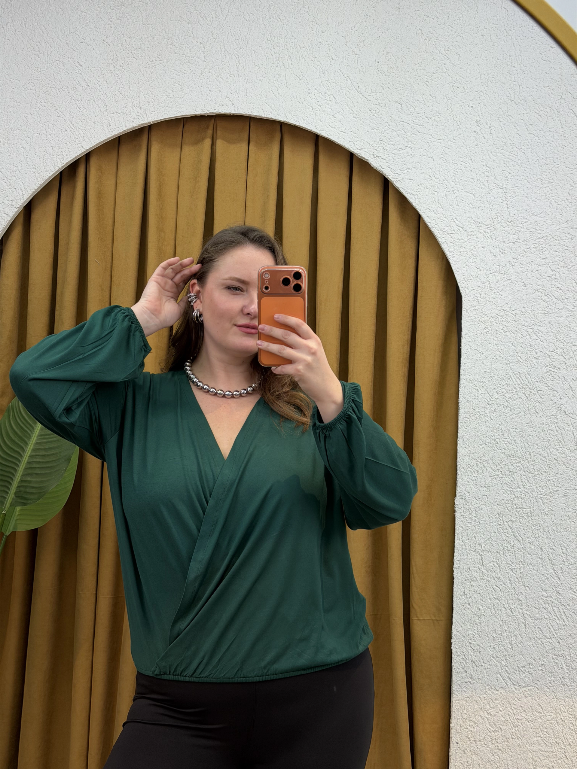 Kruvaze Yaka Lastikli Esnek Modal Bluz - Zümrüt Yeşili