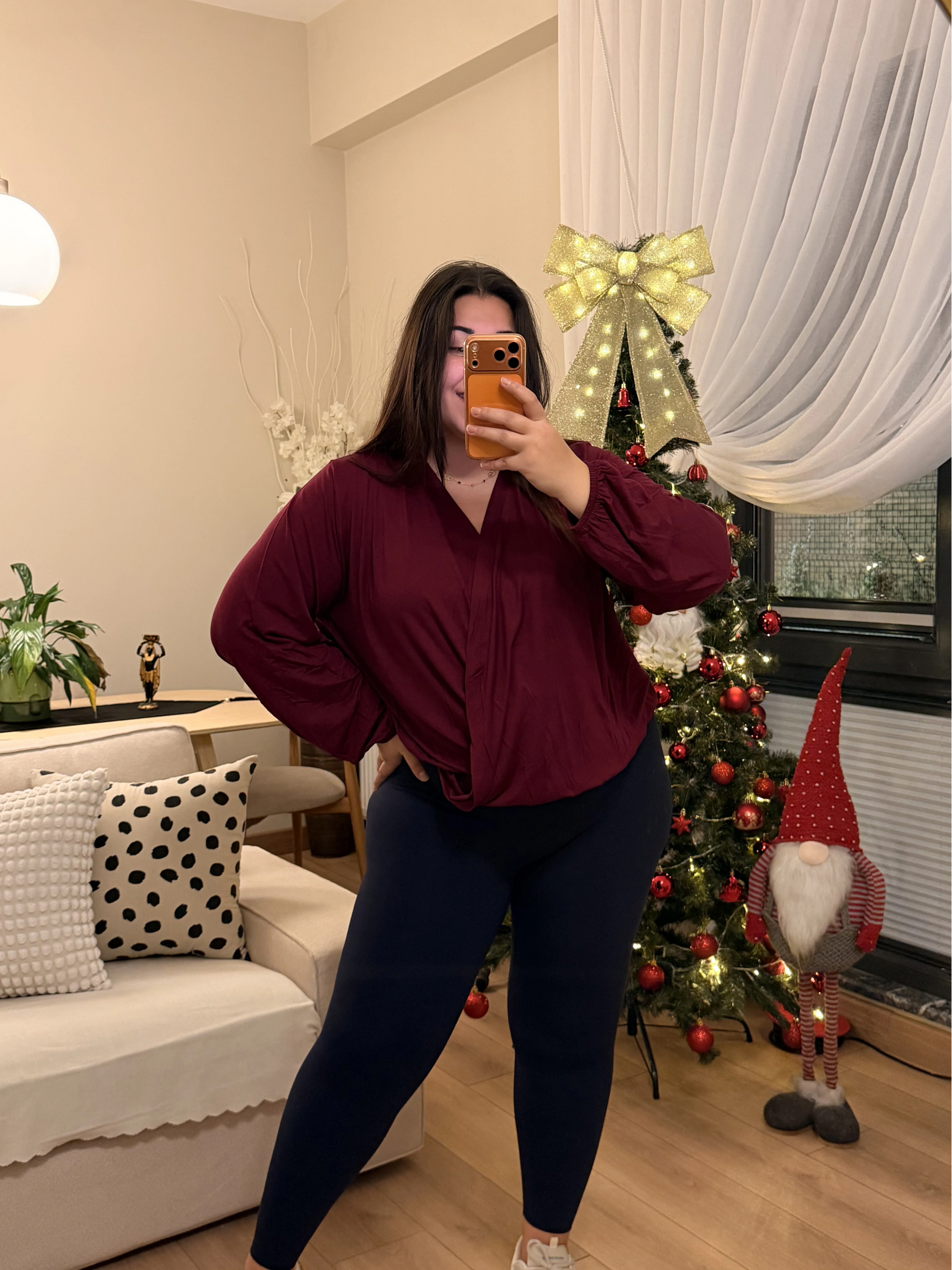 Kruvaze Yaka Lastikli Modal Karışımlı Bluz - Mürdüm