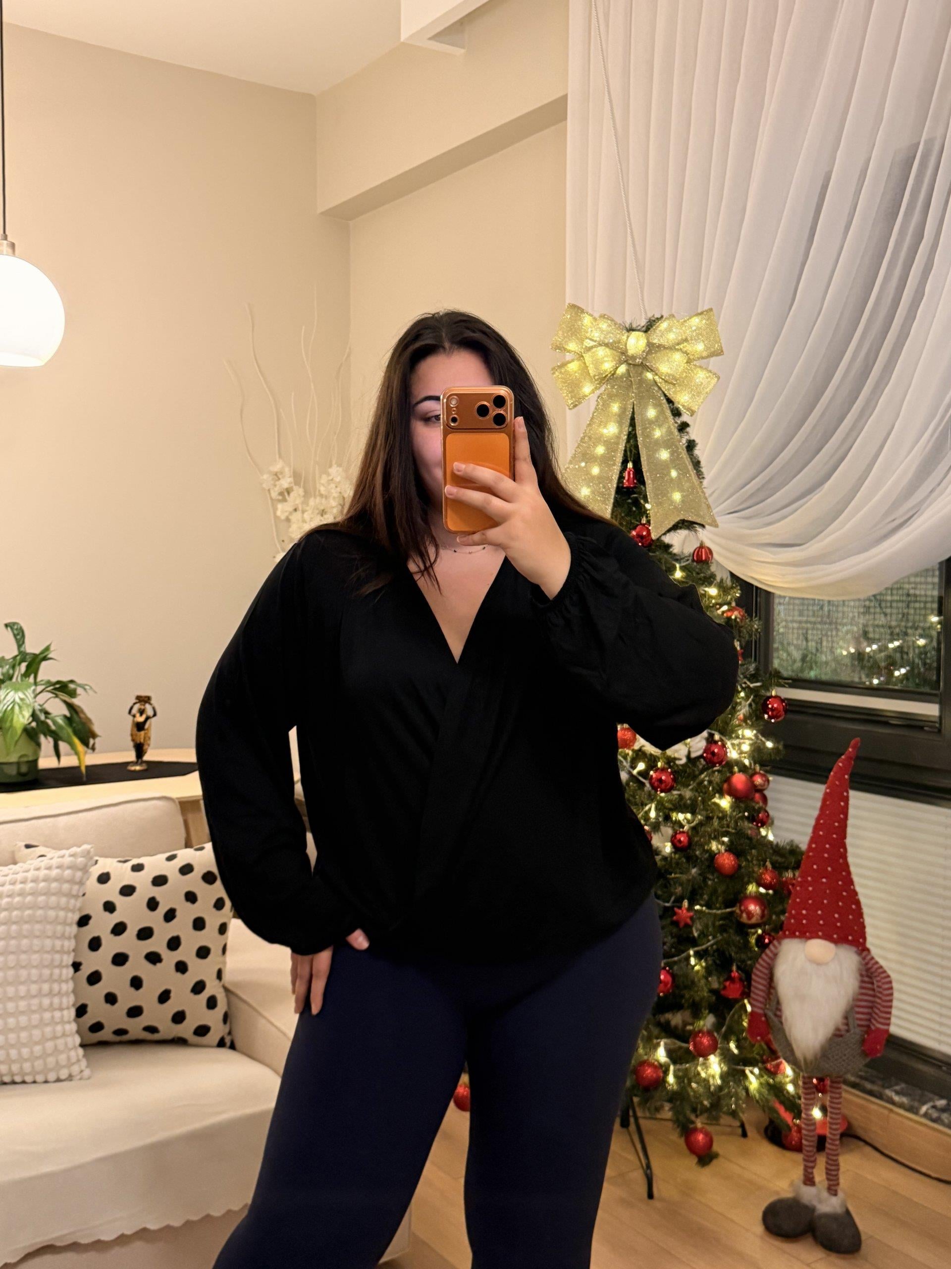 Kruvaze Yaka Lastikli Modal Karışımlı Bluz - Siyah