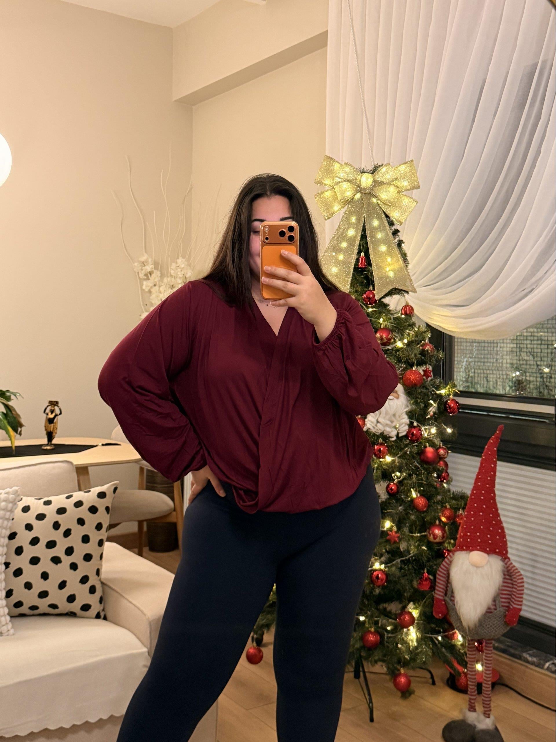 Kruvaze Yaka Lastikli Modal Karışımlı Bluz - Mürdüm