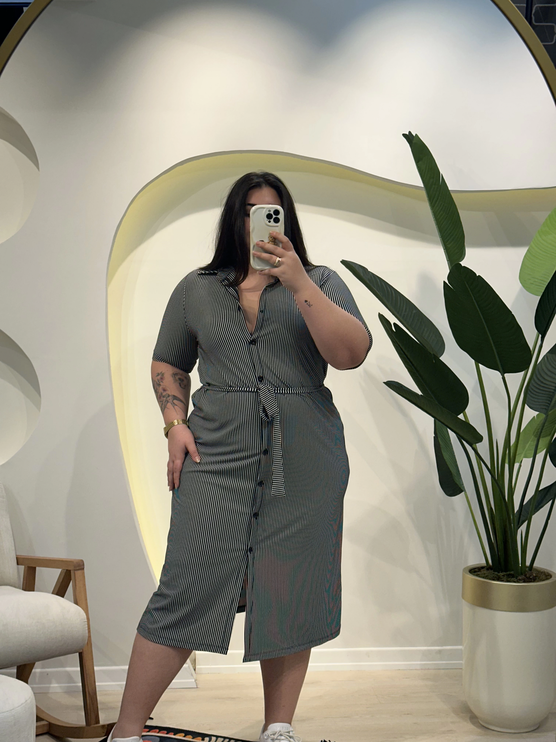 Kuşaklı Esnek Gömlek Elbise - Çizgili